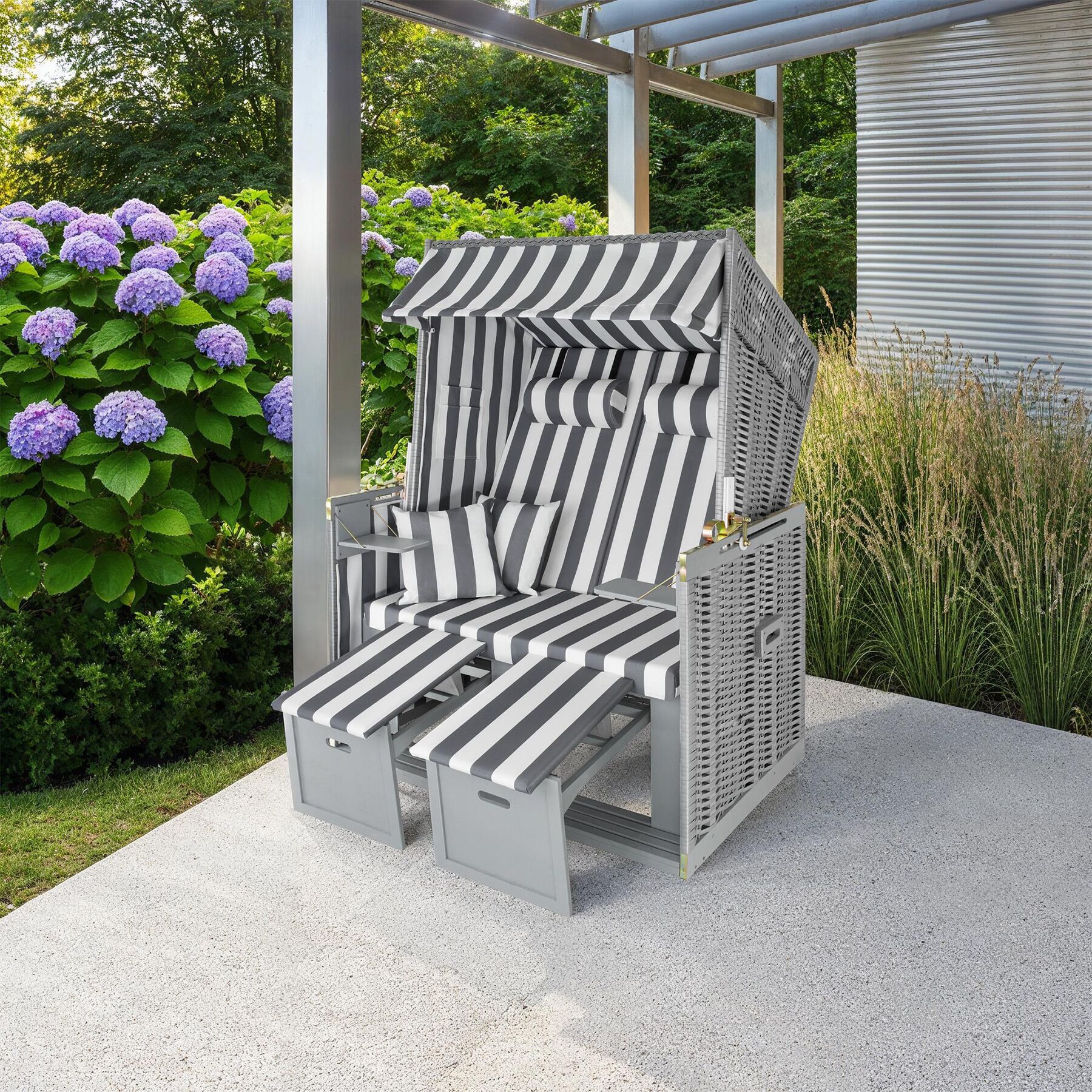 Wicker Chair Outdoor Beach Sunbed with Pillows Roofed Recline Sun Lounger - Picture 12 of 49