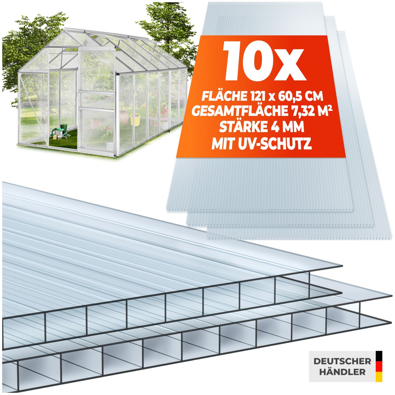 Doppelstegplatten aus Polycarbonat, zuschneidbar - 121 x 60,5 x 0,4 cm, 10-tlg.
