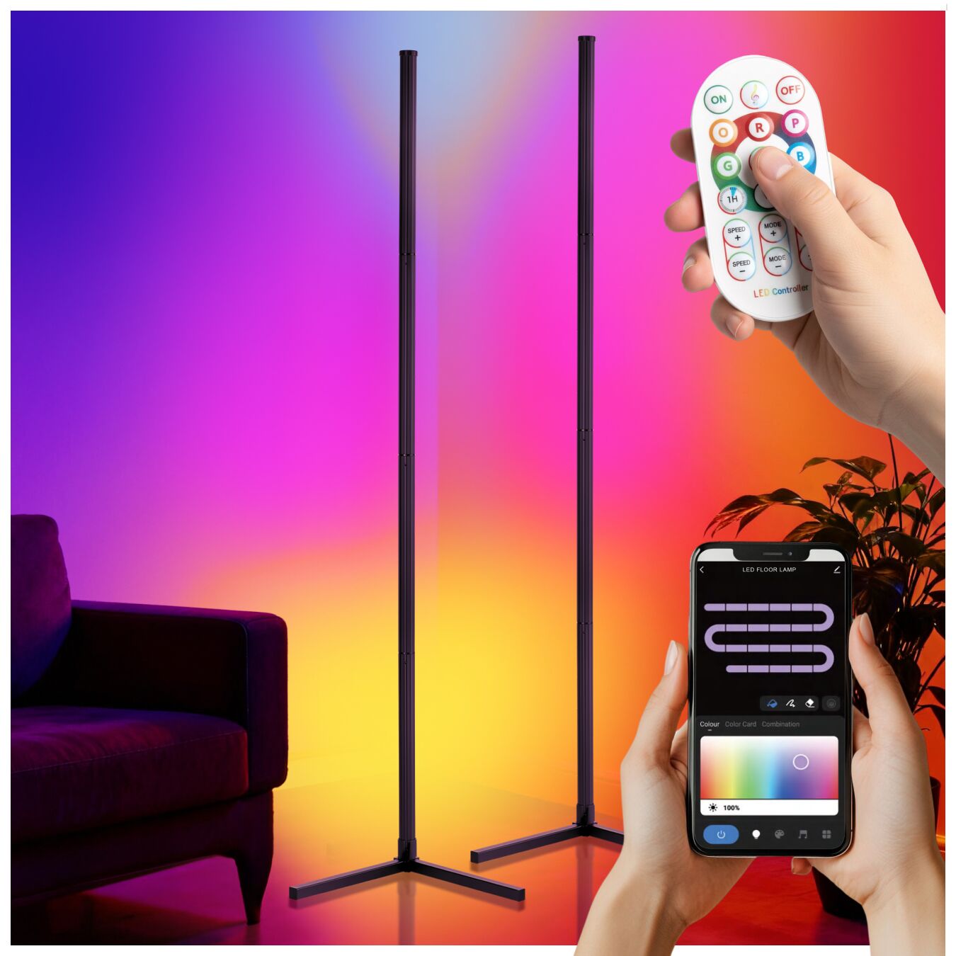 LED-Stehlampe Spectra, 16 Millionen Farben, 200+ Lichtmodi - 2er Set