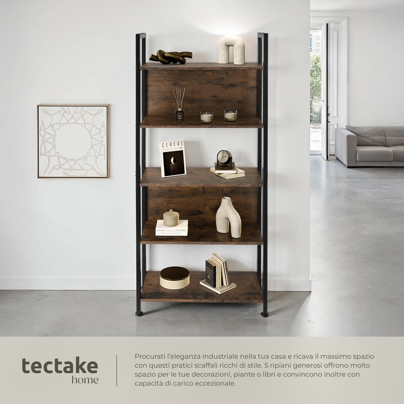 Scaffale scaffalatura alta libreria con 5 ripiani muro legno metallo industrial - Foto 4 di 25