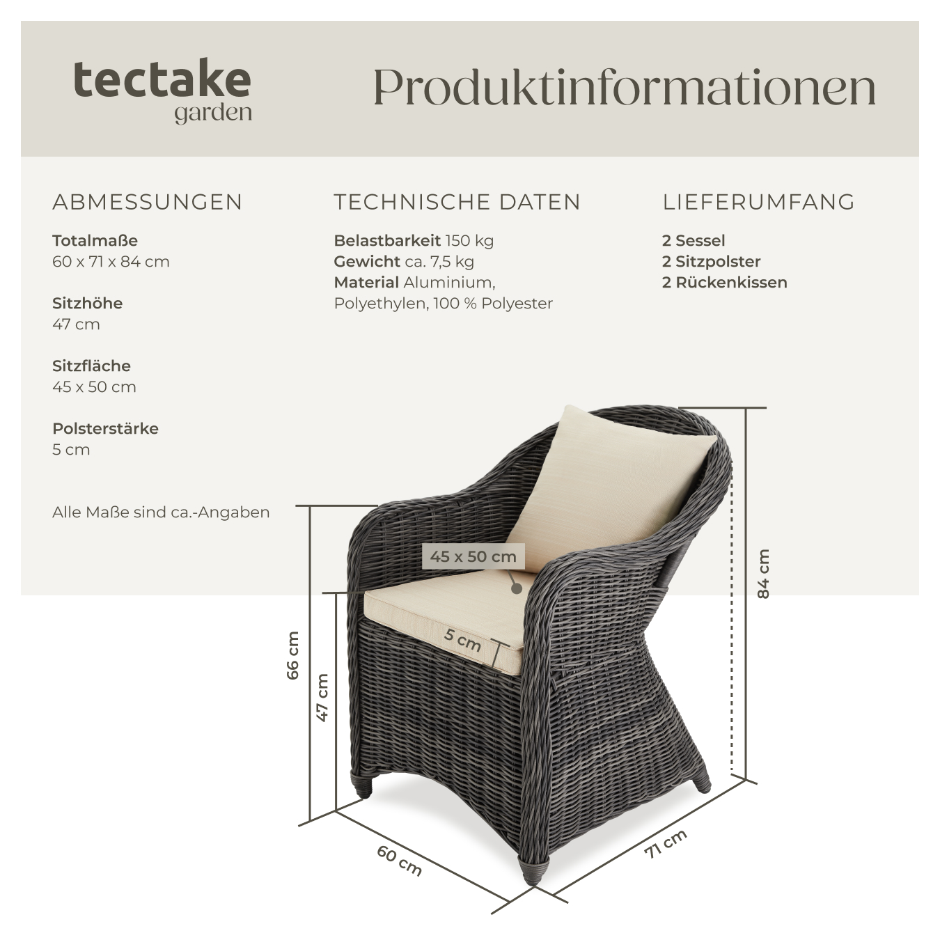 Gartenstuhl Polyrattan 2er Set Braun Korbsessel Gartenmöbel Korb Sessel Kissen