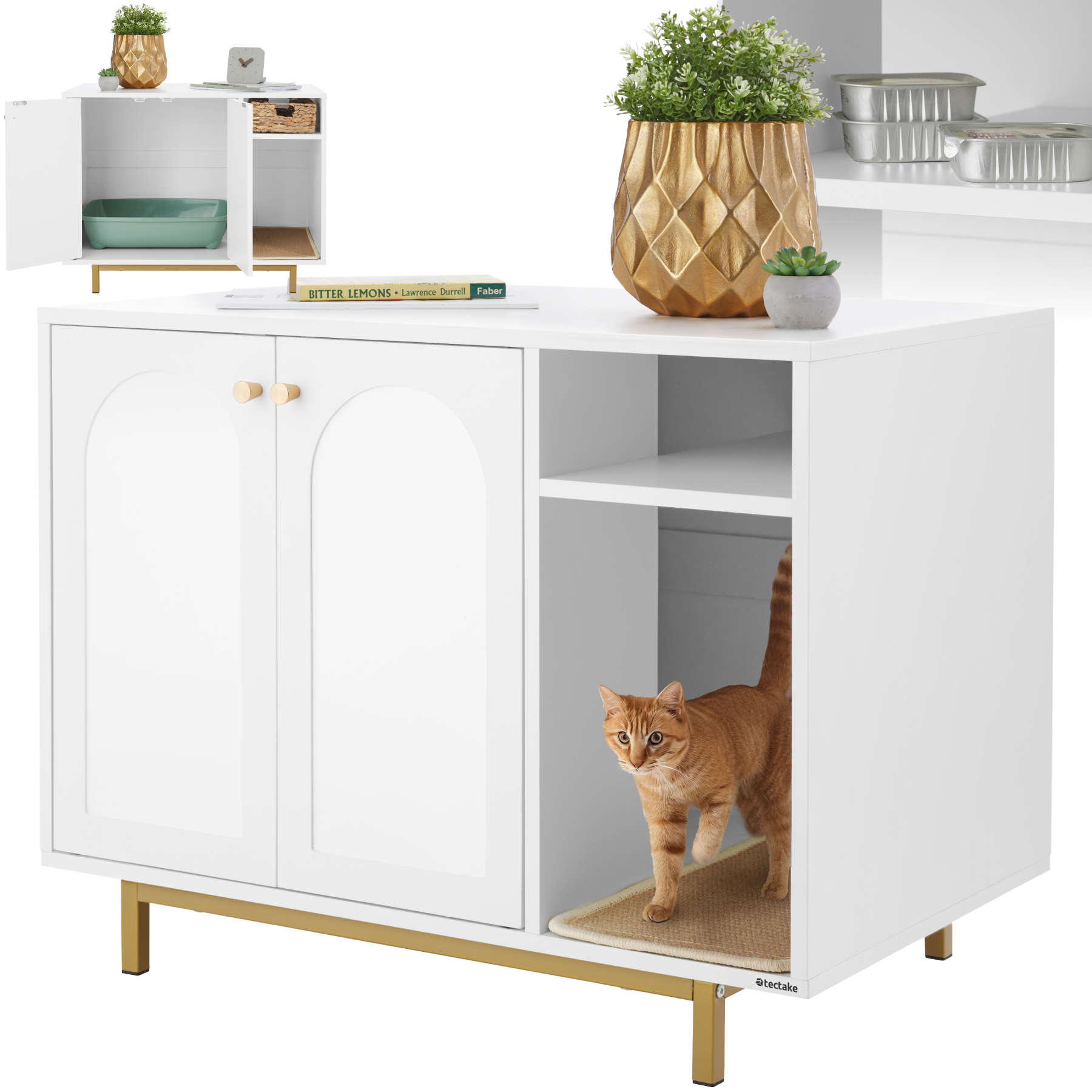 Kattenkast Kalea, zij-ingang, incl. krabmat - wit/goud