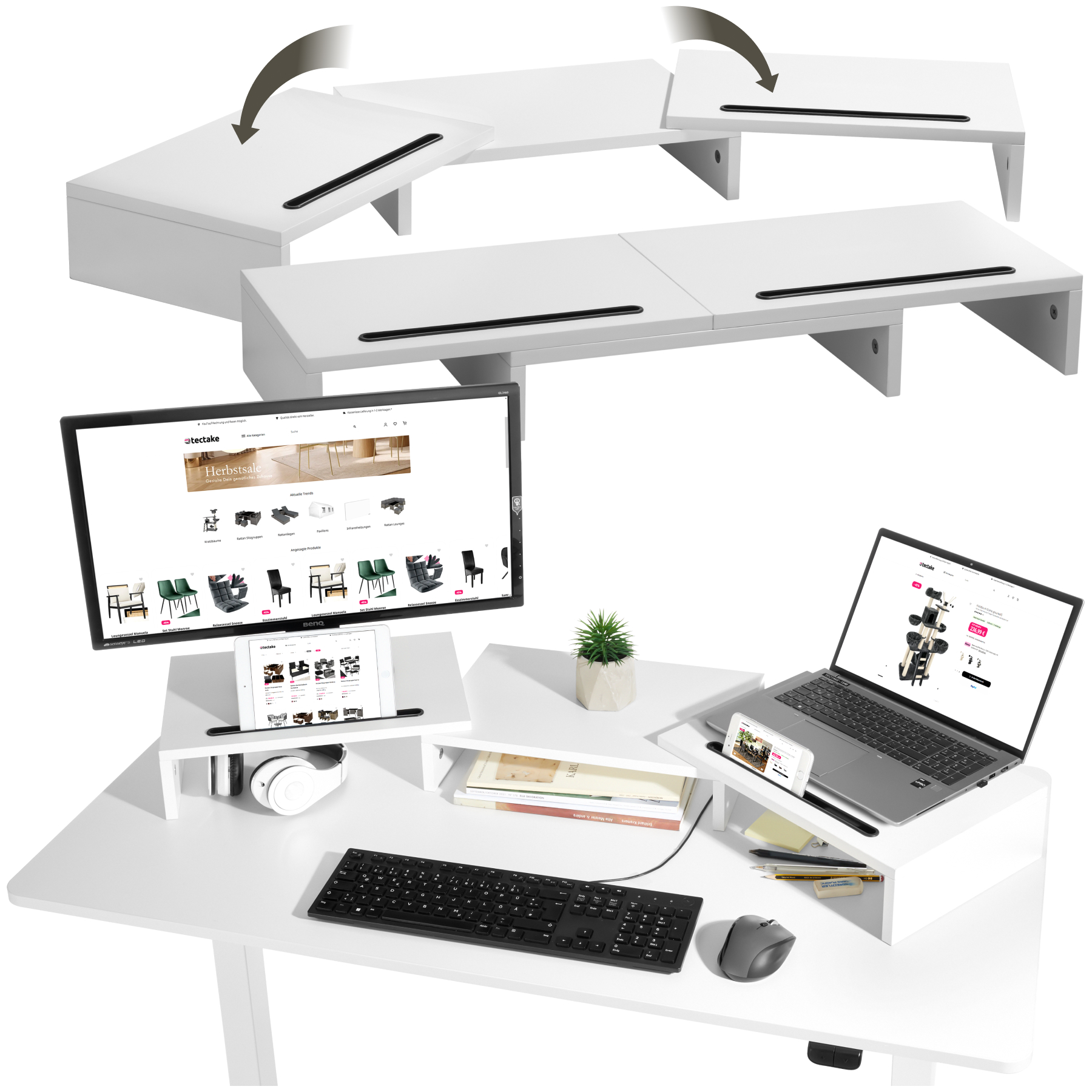 Soporte para monitor BOZEN, 3 piezas, incluye soportes para teléfono móvil - blanco | tectake