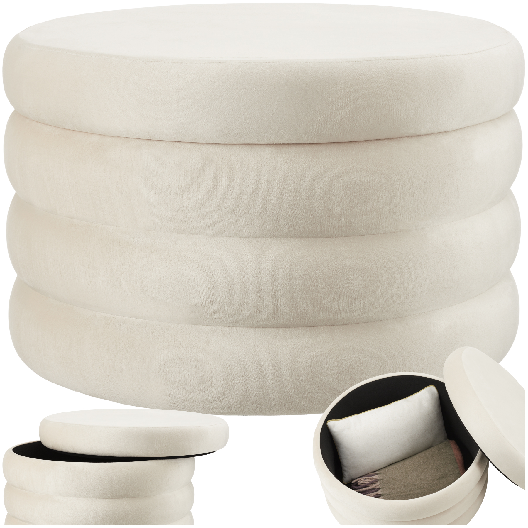 Tabouret ALTU XL rembourré avec rangement - Aspect velours crème/ blanc