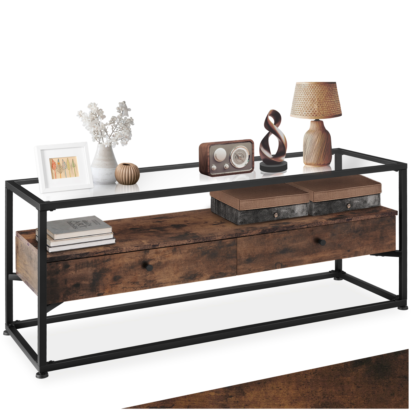 Lowboard Sideboard TV-Regal Fernsehtisch 2 Schubladen Glas Holz Metall Industrie