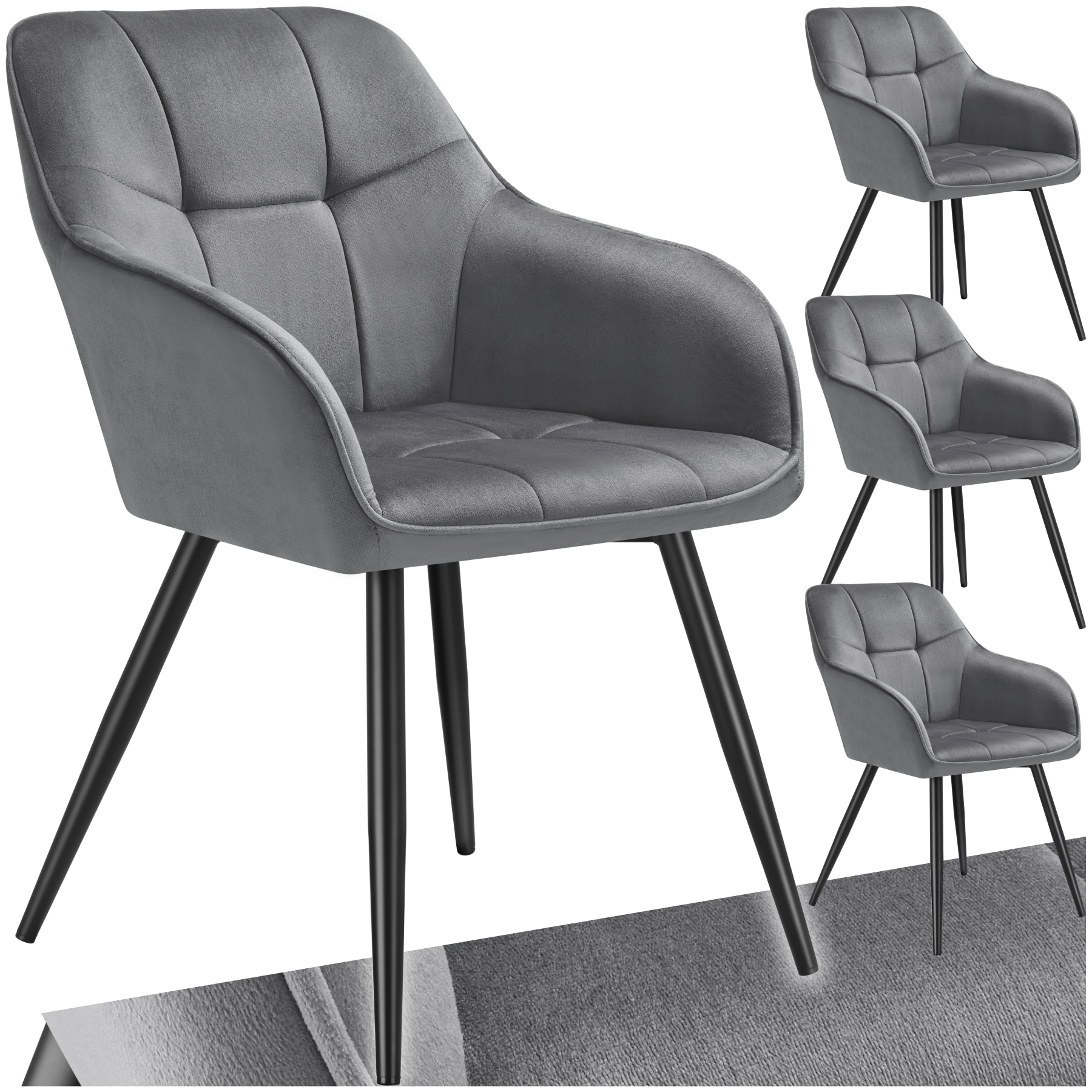 Stuhl Marilyn, Samtoptik, gesteppt - grau/schwarz, 4er Set