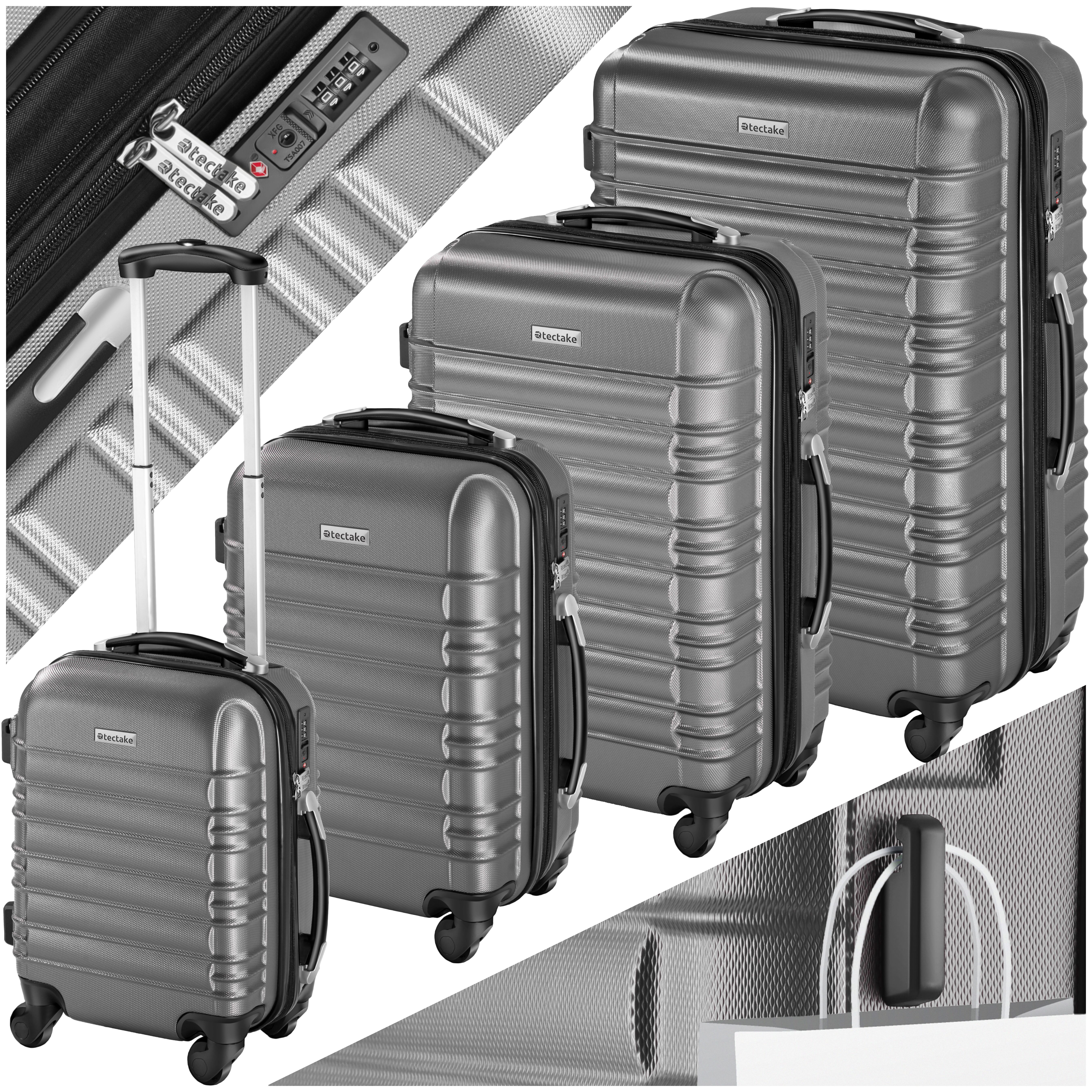 Set de 4 Valises Trolley - ABS - 4 Roues Pivotantes à 360° - gris | tectake