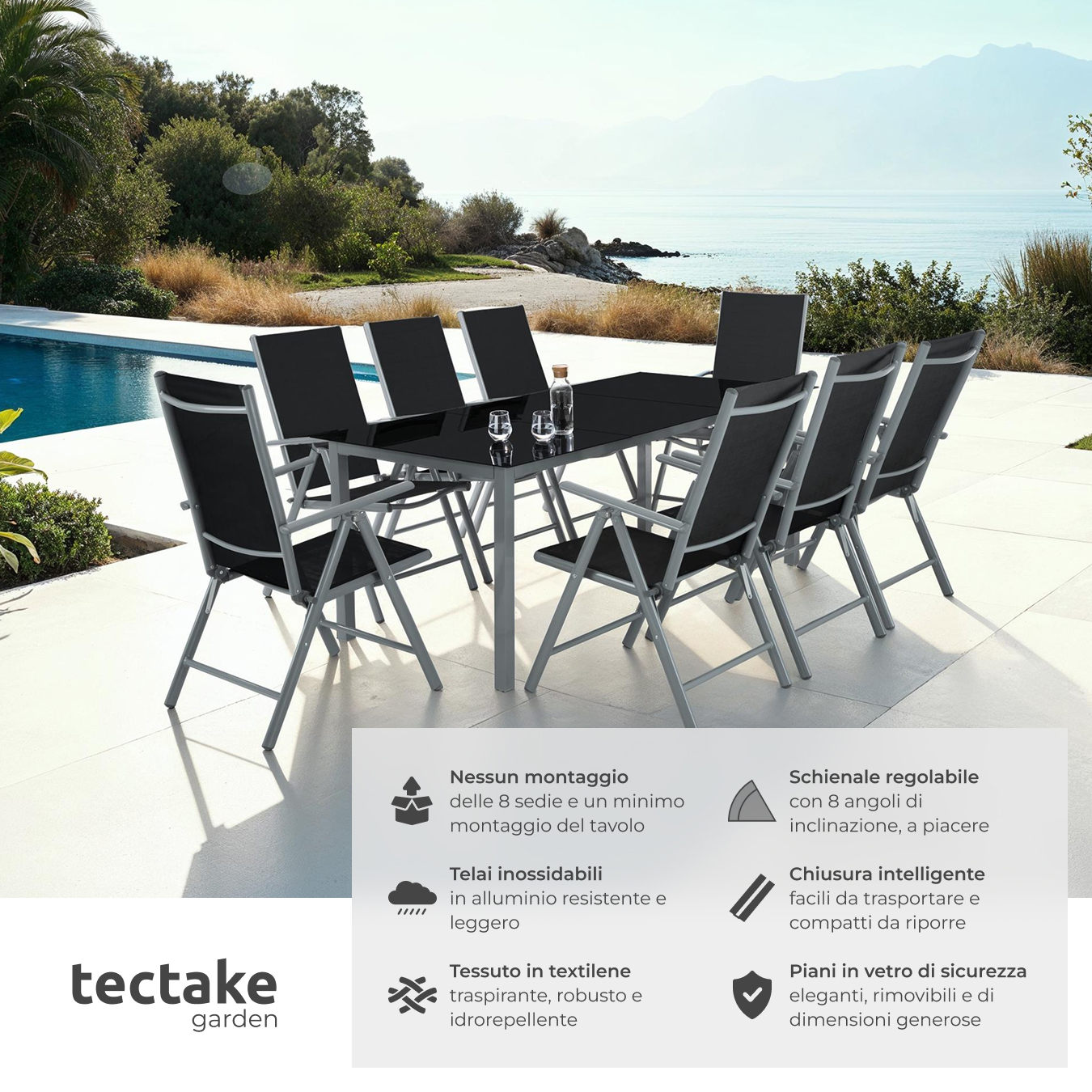 Set Mobili Da Giardino 8+1 Sedie In Alluminio Resistente Tavolo Piano In Vetro - Foto 3 di 25