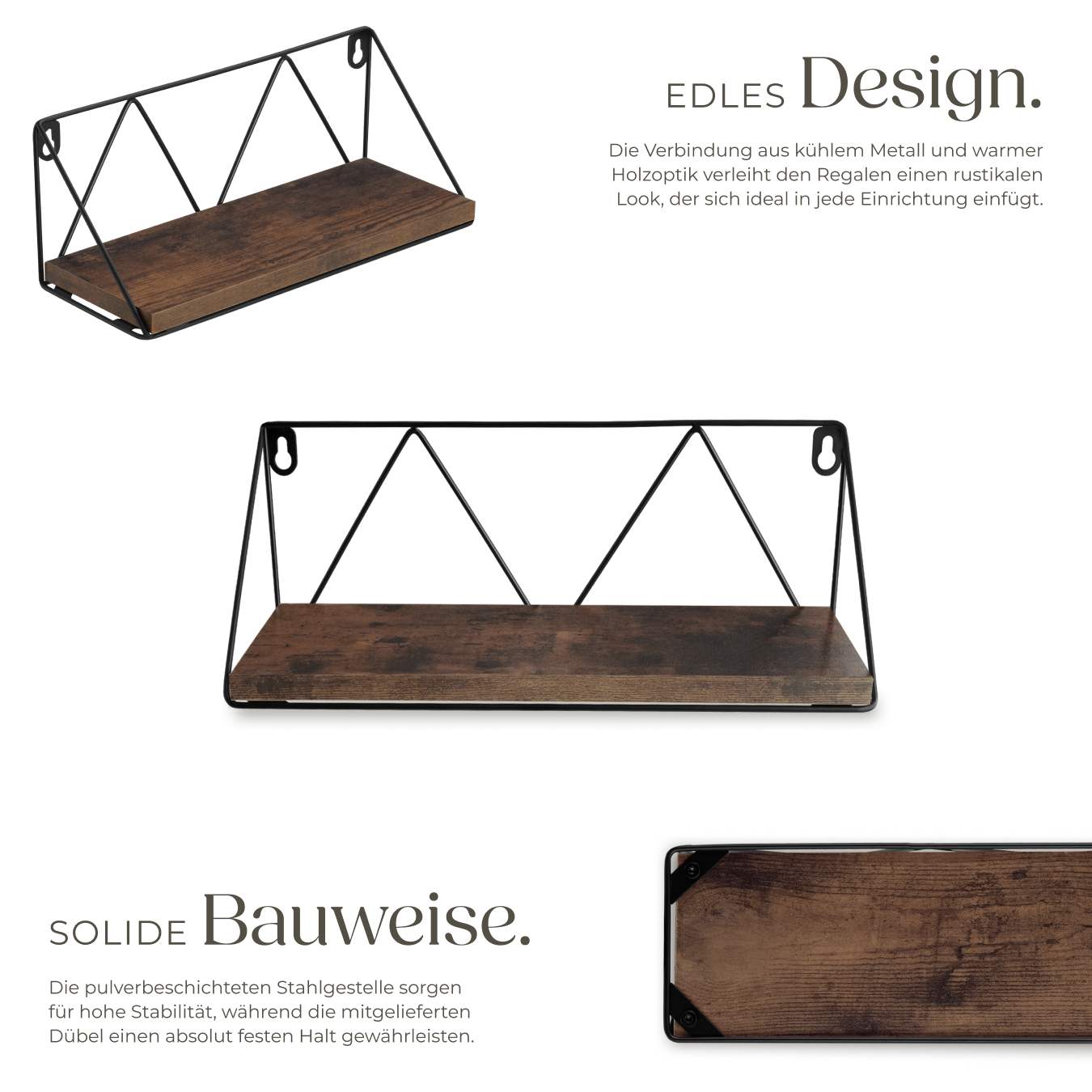 2er Set Wandregal Hängeregal Regal 33,541cm Industrie Design Metallgestell Holz
