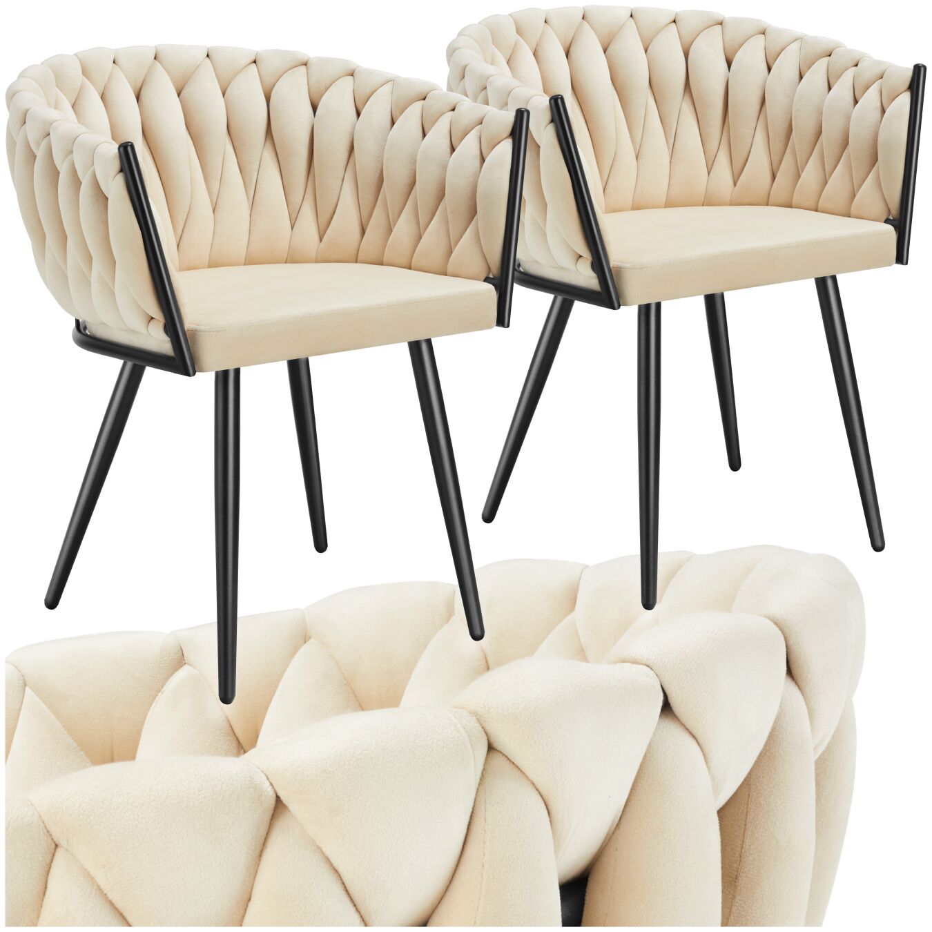 Dining Chair Astano - padded, velvet, knot design, continuous backrest - sand, Set of 2 | tectake