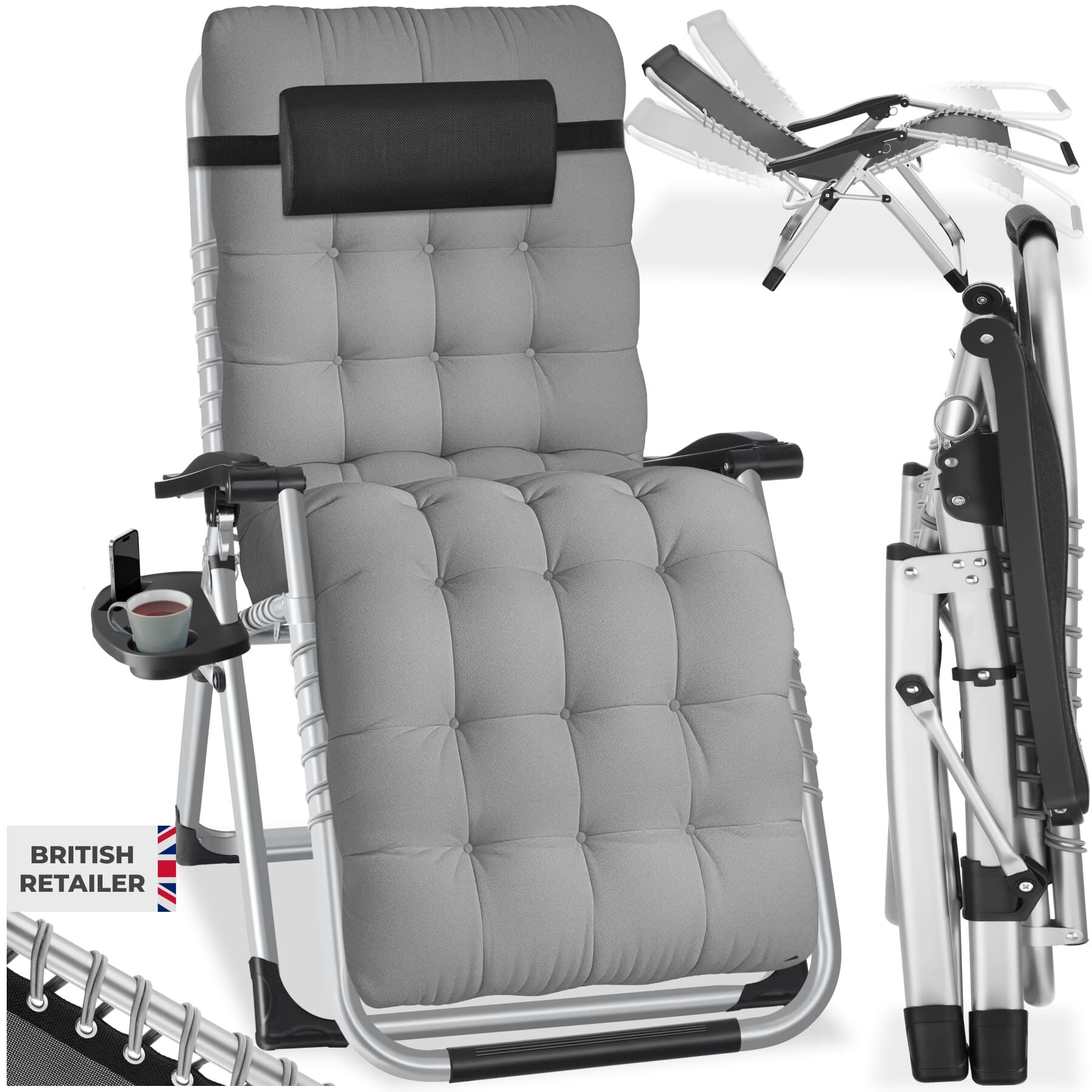 Sun Lounger Cloud - folding, adjustable backrest and footrest - light grey, per piece | tectake