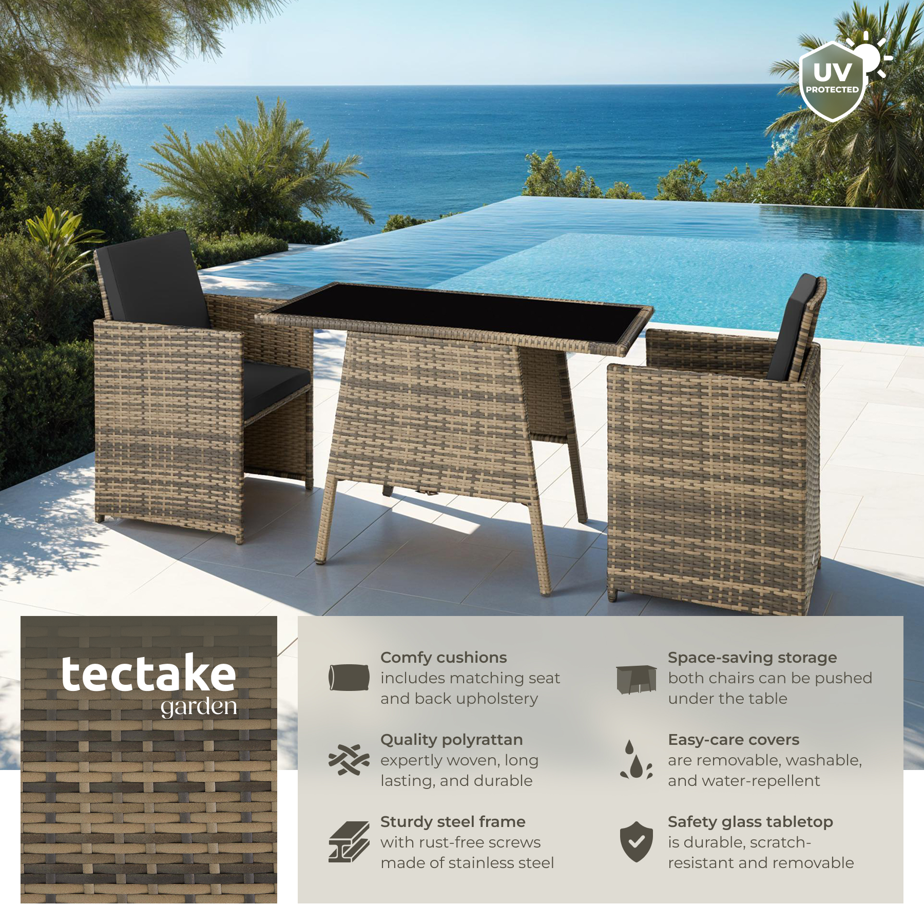 Garden bistro set in rattan | 2 chairs, 1 table | Outdoor Compact Furniture - Picture 39 of 49