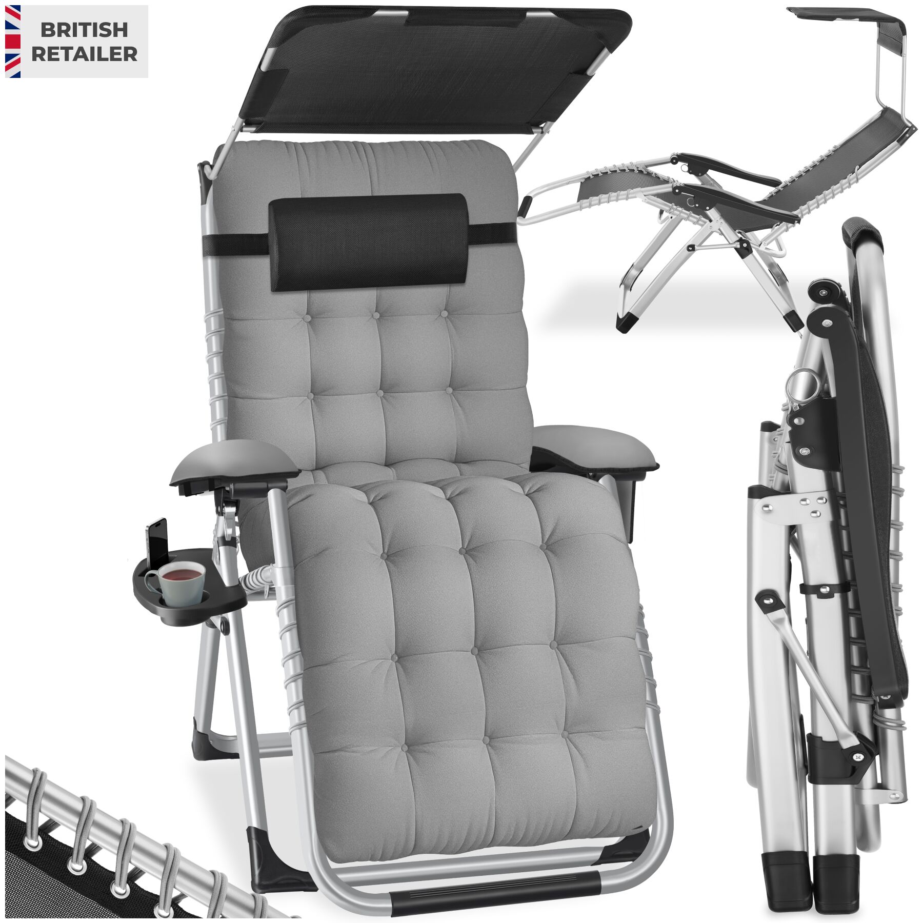 Sun Lounger Cirrus with Plush Padding, Built-in Sun Shade and Folding Function - light grey, per piece | tectake