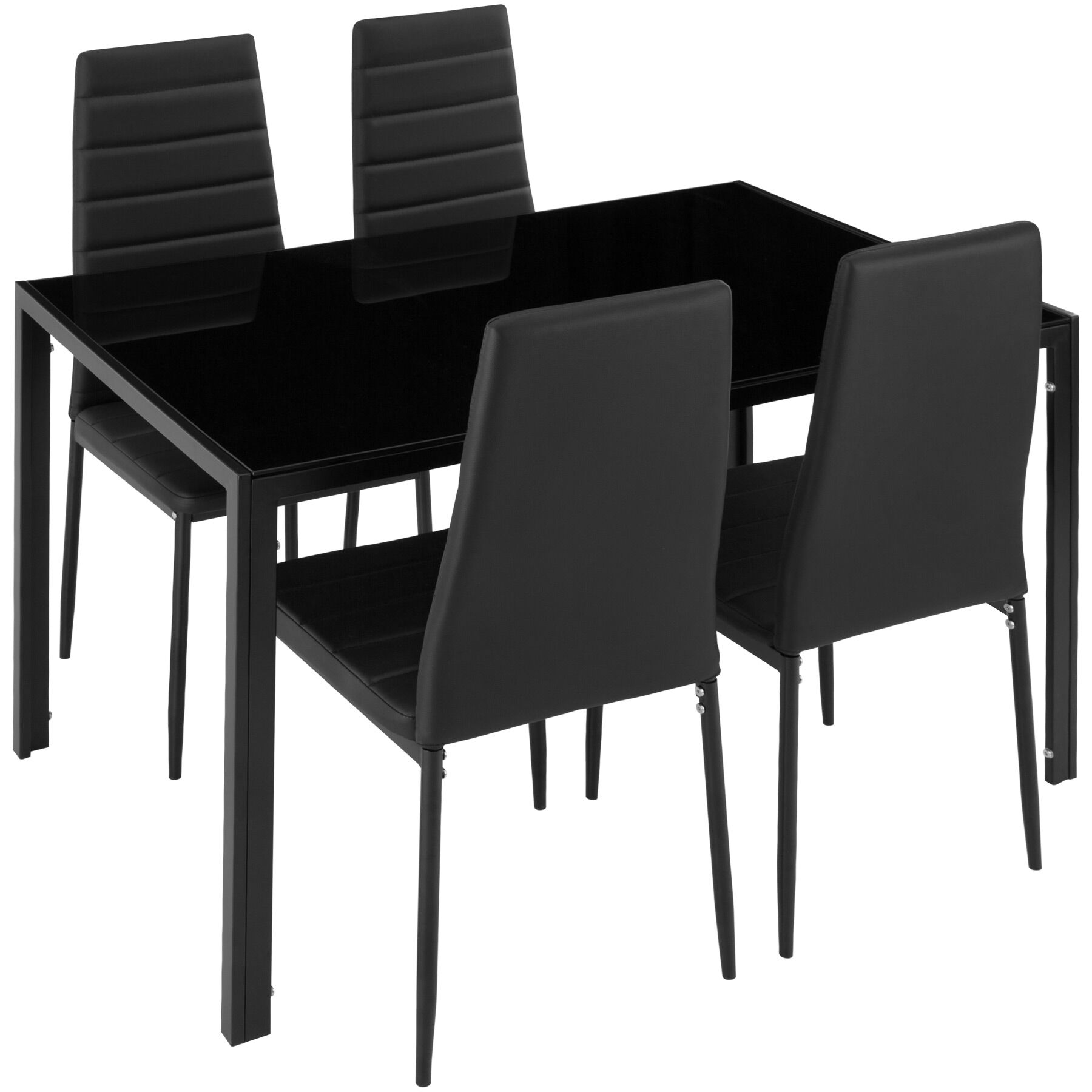 tectake Esszimmergruppe 5-tlg. (4 Stühle + Tisch) mit Sicherheitsglas-Tischplatte, schwarz