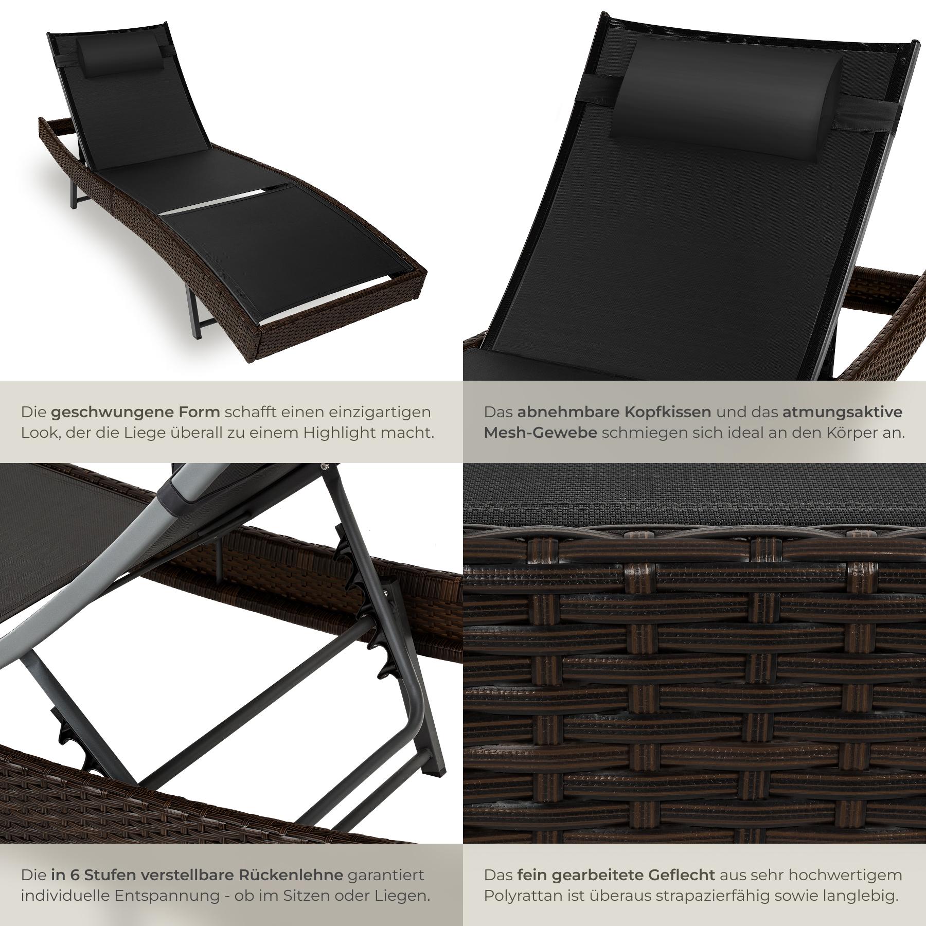 Polyrattan Sonnenliege Gartenliege Relaxliege Garten Rattan Liege mit Kopfkissen