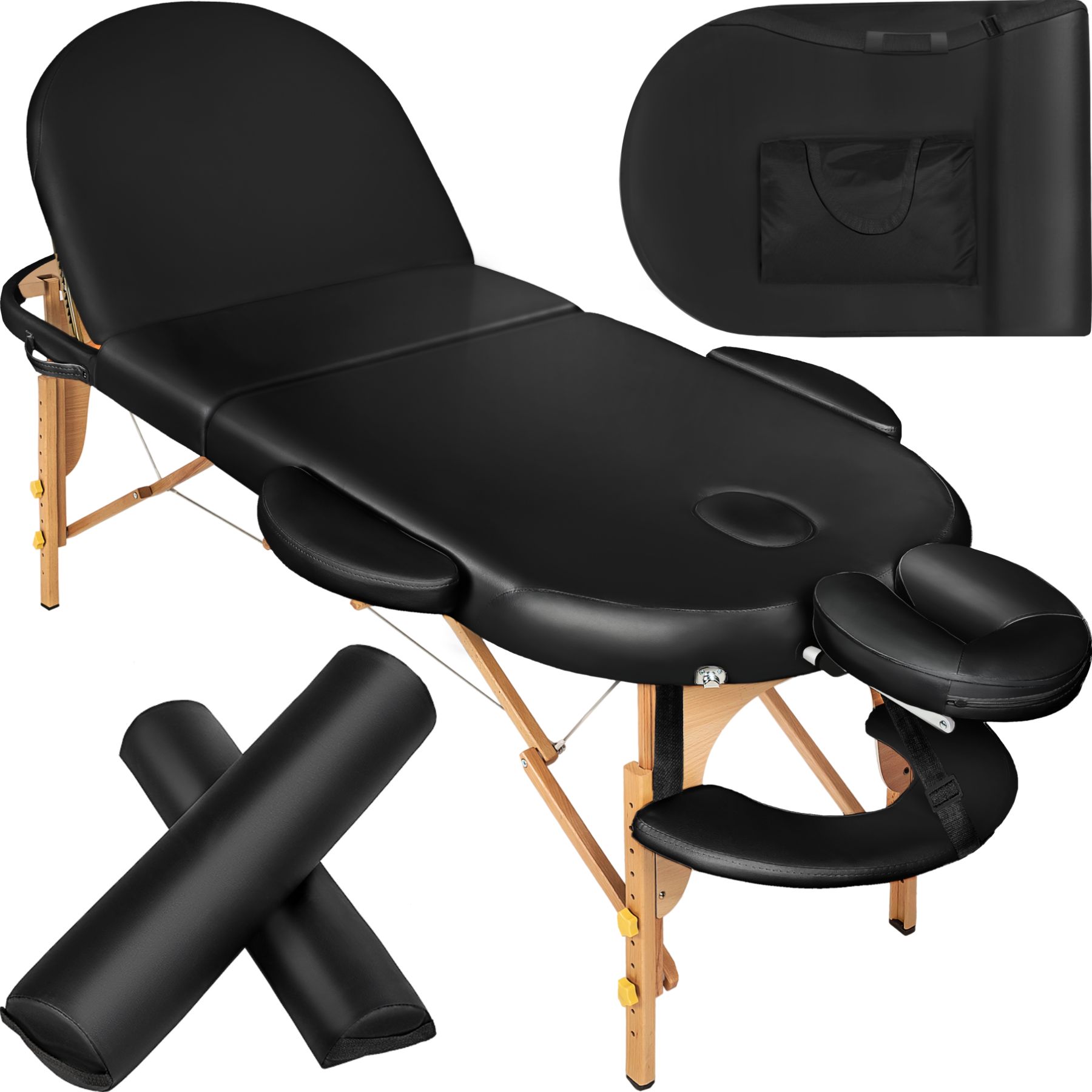 Table de massage ovale 3 zones avec rembourrage de 5cm et châssis en bois et rouleaux - noir