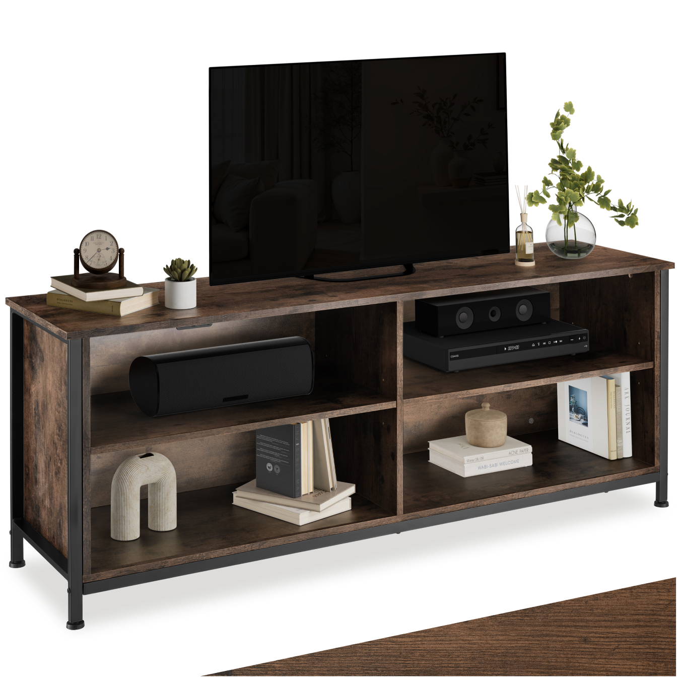 TV Stand Navan - 4 open compartments, 2 adjustable shelves, 4 cable cutouts - Industrial wood dark, rustic