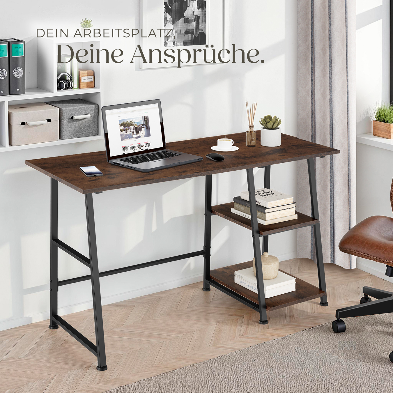 Schreibtisch Computertisch Bürotisch mit Regal 2 Ablagen Holz Metall Industrie