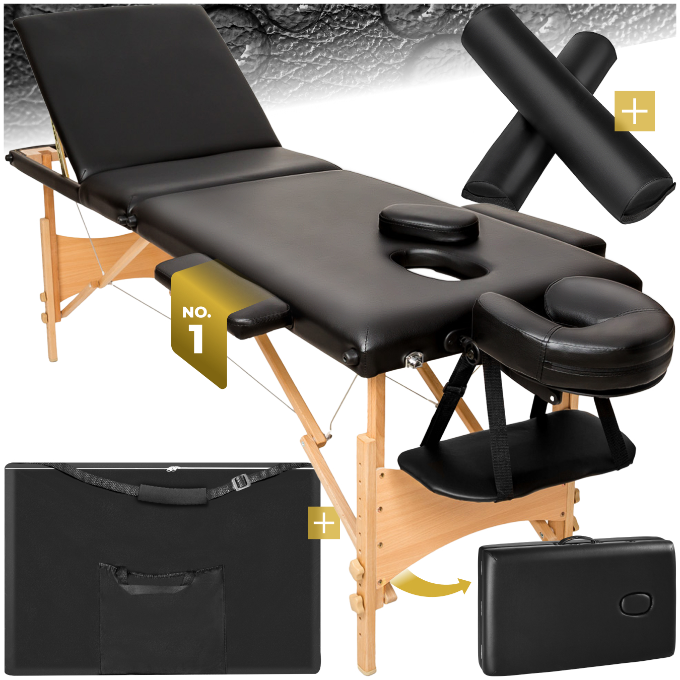 Massage Table - 3-zone bed, wooden frame, bolsters, carry bag, head & armrests - black