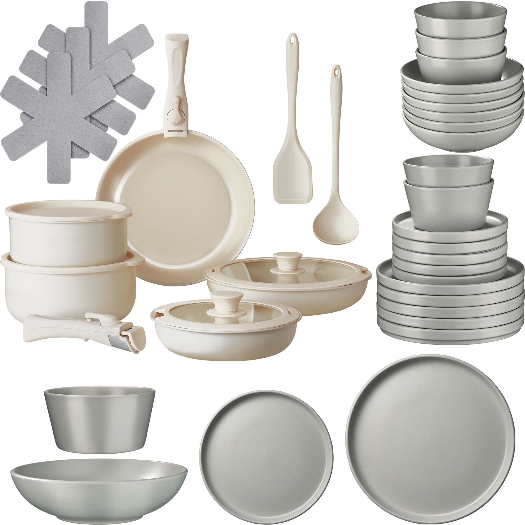 Kitchen starter set for 6 people with crockery, pots etc. - grey/white, 40 pc