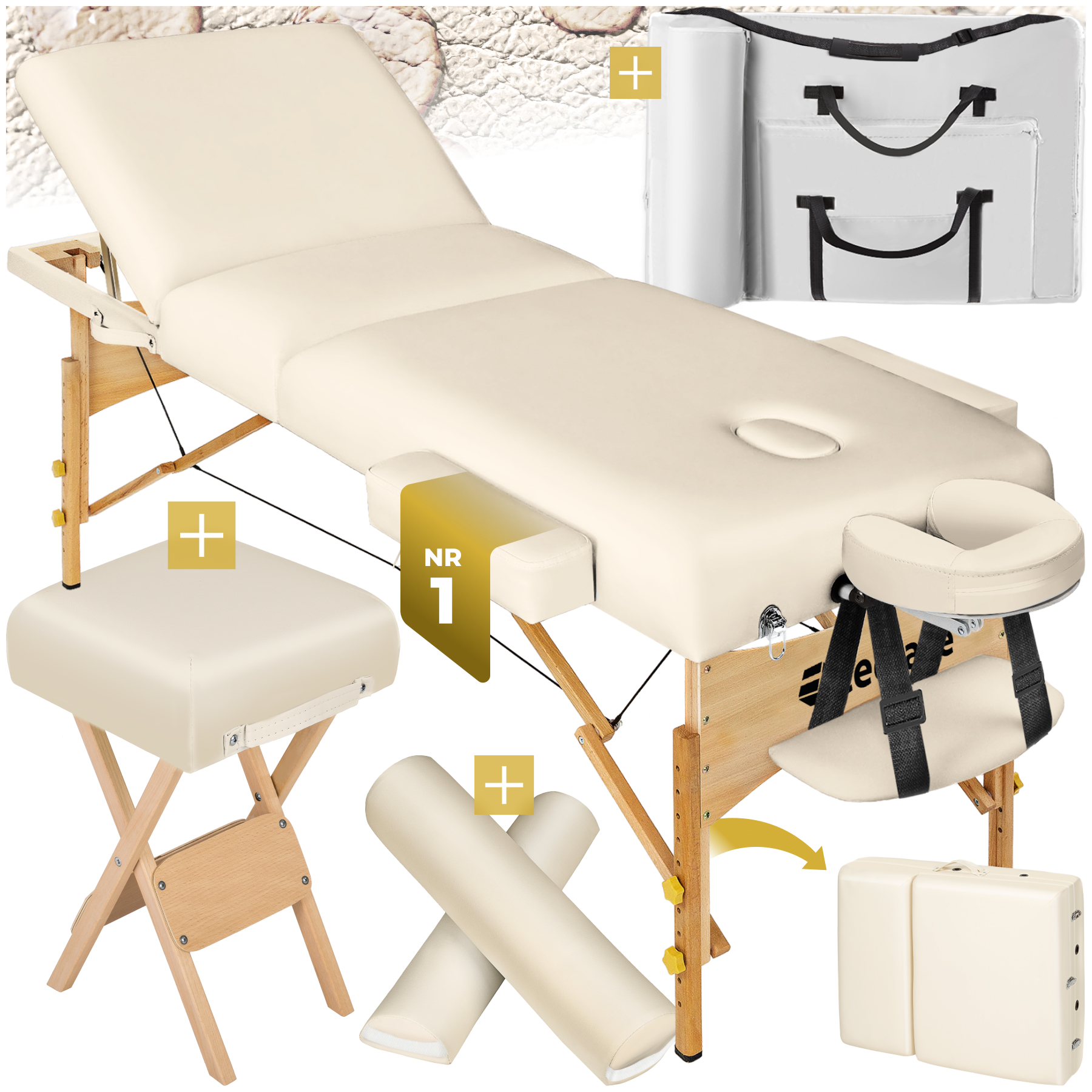 Set de table de massage 3 zones avec rembourrage de 10cm et châssis en bois - beige | tectake