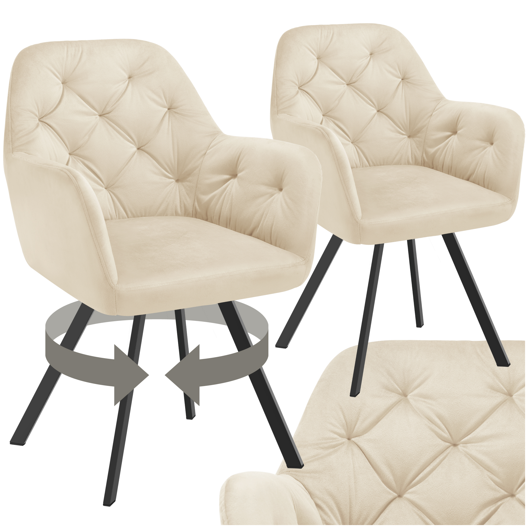Drehbarer Samt-Armlehnstuhl Lucia, gepolstert - creme, 2er Set