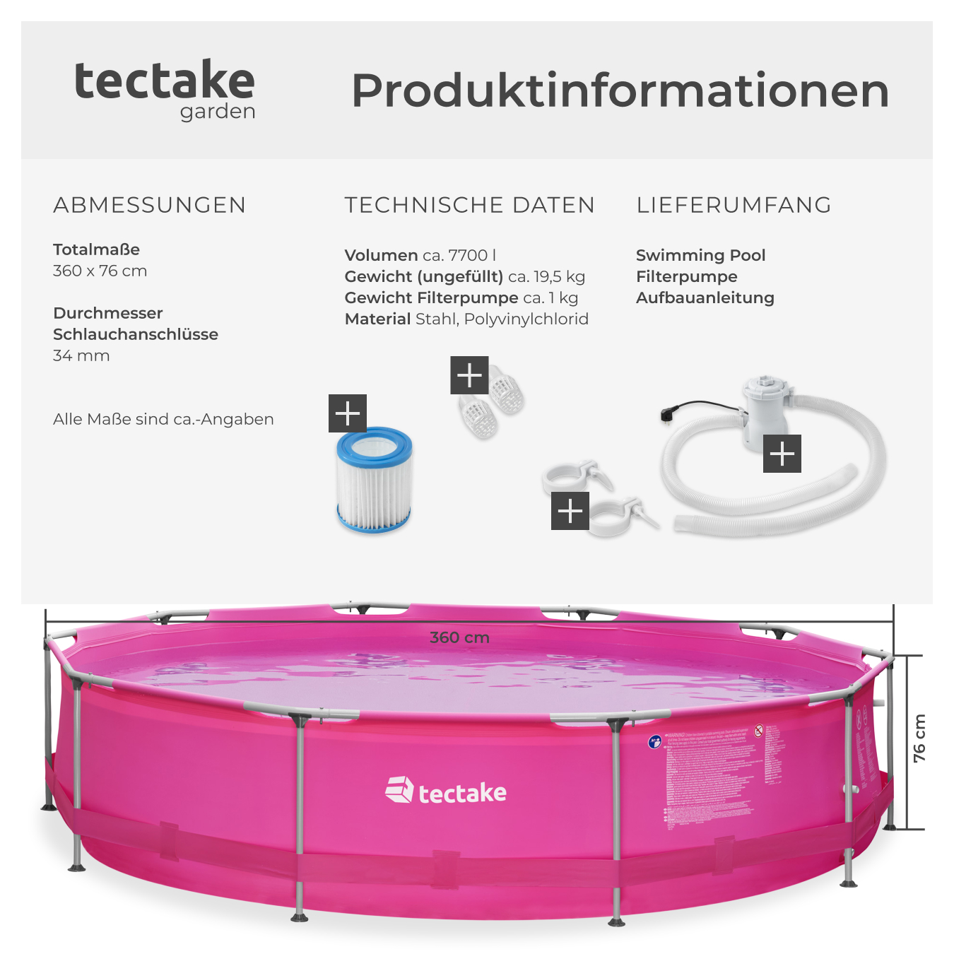 Swimmingpool Komplettset Garten Steelframe Schwimmbecken Quick up rund Ø 360cm