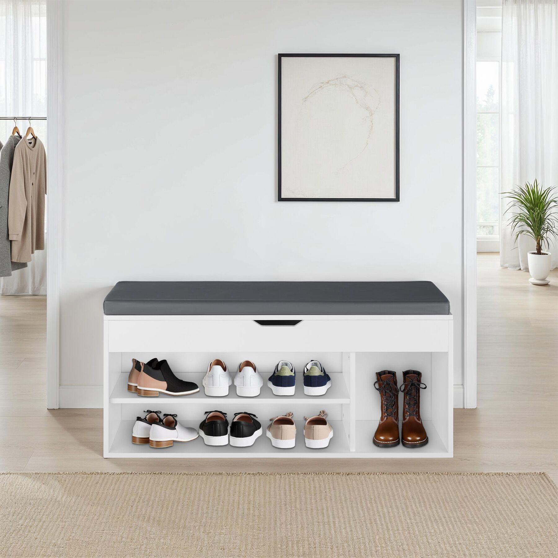 Schuhbank mit Sitzkissen Holz Schuhschrank Schuhregal Sitzfläche Klappfach 104cm - Bild 11 von 37