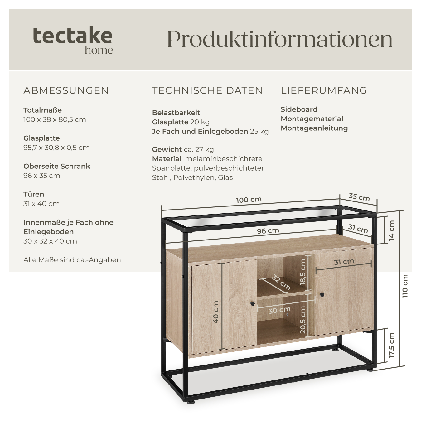 Sideboard Beistellschrank Küchenschrank mit Glasoberfläche Holz Metall Industrie