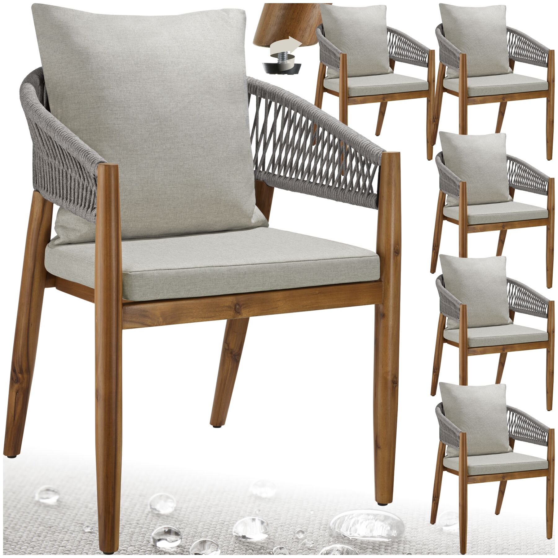 Garden Chair Manacor in a Corded Design with Acacia Wood Frame and Matching Cushions - greige, Set of 6 | tectake