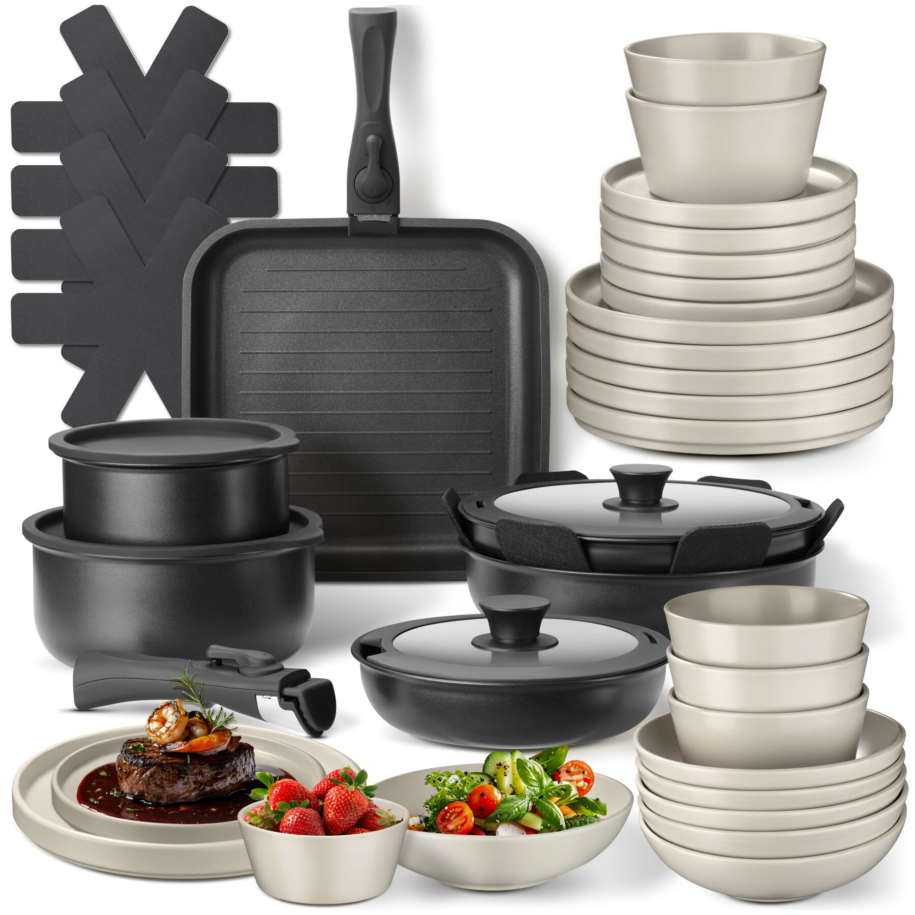 Kitchen starter set for 6 people with crockery, pots and more - black/taupe, 41 pc | tectake