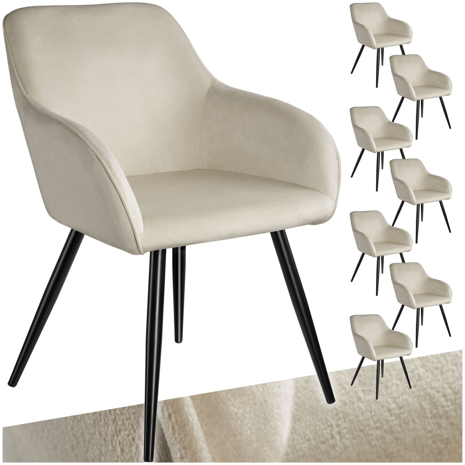 Esszimmerstuhl Marilyn Samtoptik, schwarze Stuhlbeine - creme/schwarz, 8er Set