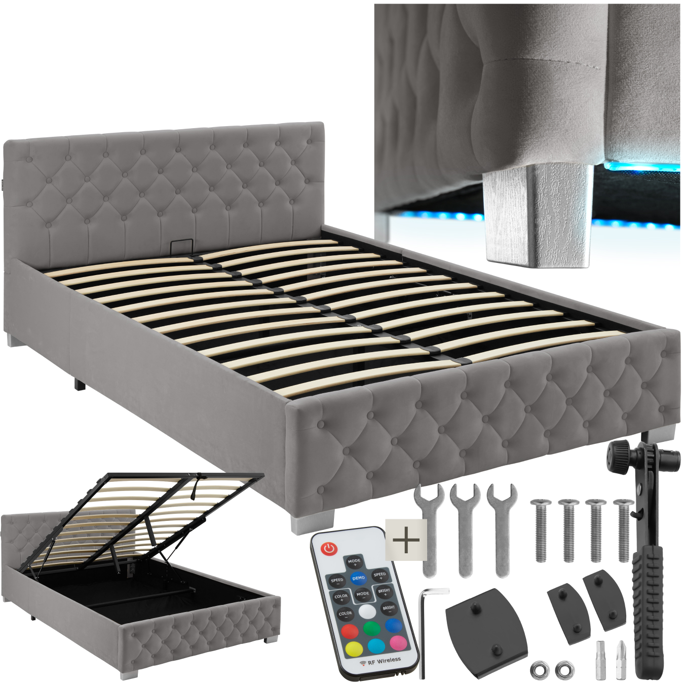 Gestoffeerd bed met LED-strips & opbergruimte - donkergrijs, 140 x 200 cm