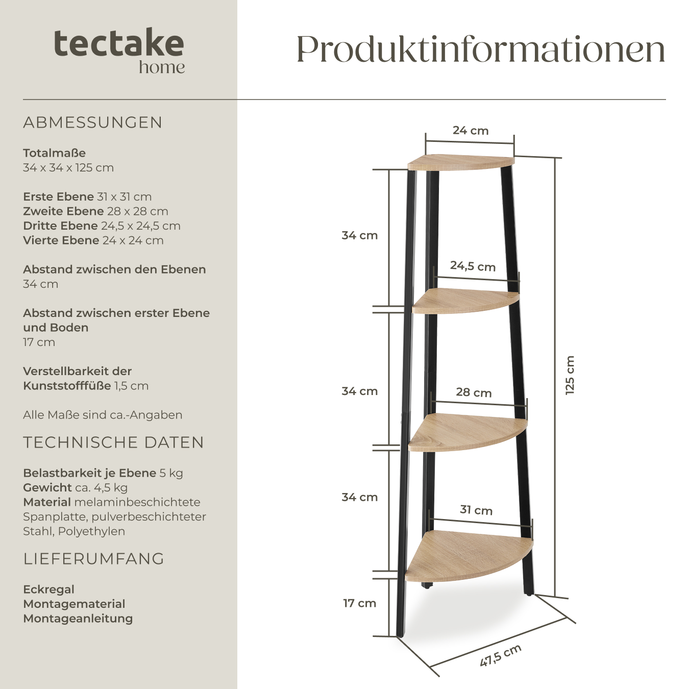 Eckregal Standregal Bücherregal Leiterregal Regal 4 Ebenen Holz Metall Industrie