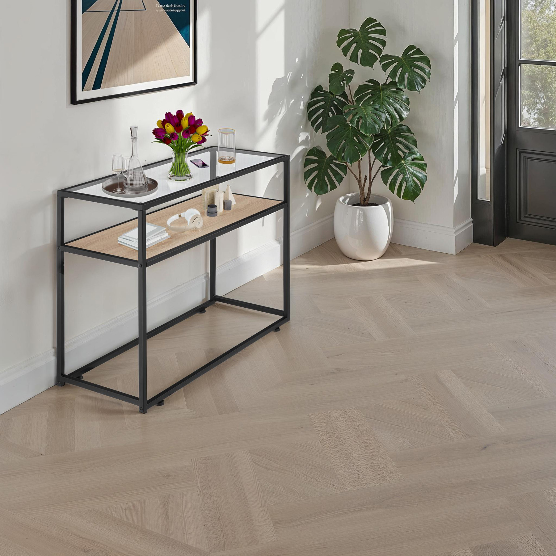 Tavolo console vetro corridoio tavolino appoggio 2 ripiani legno metallo - Foto 23 di 25