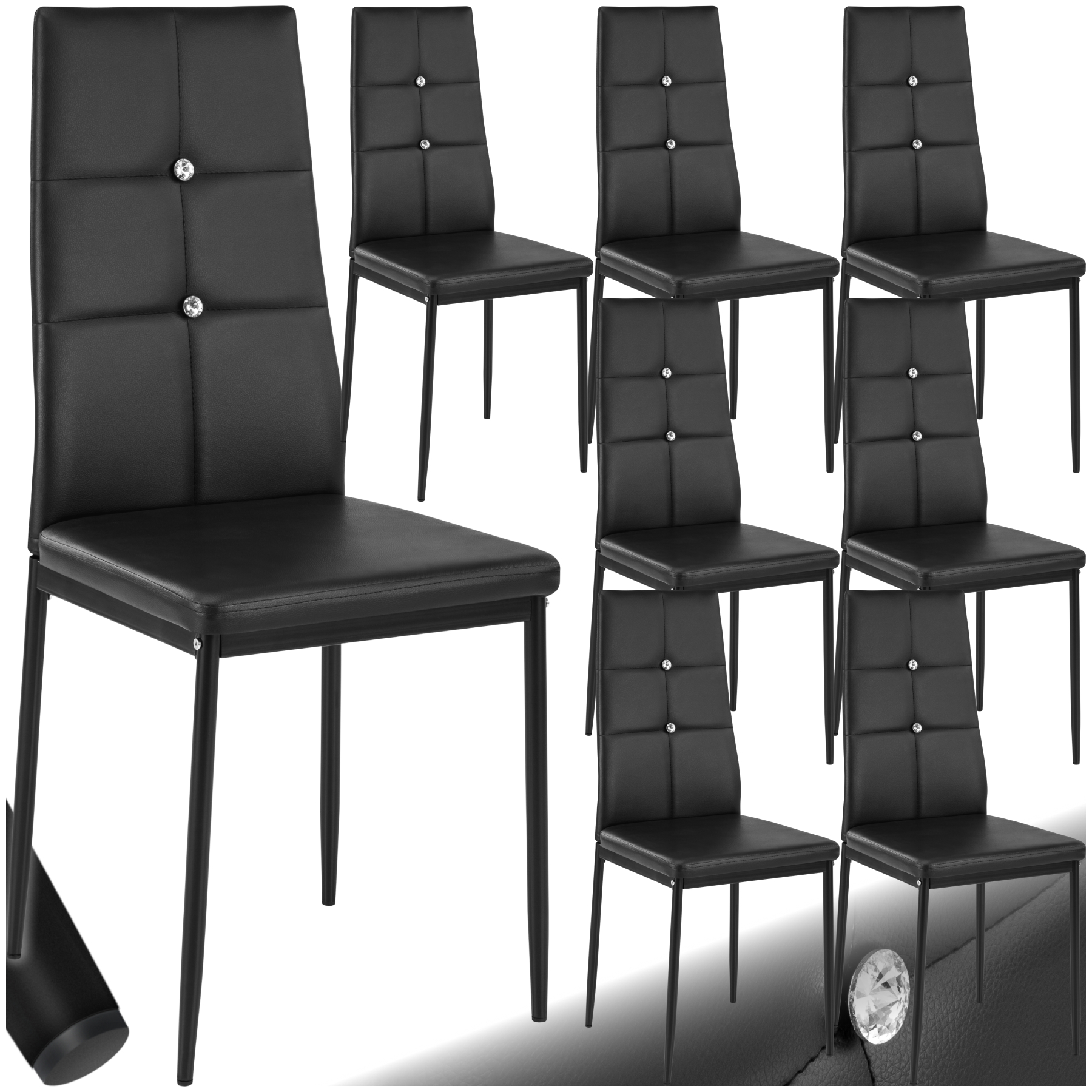 Esszimmerstühle, Kunstleder mit Glitzersteinen - schwarz, 8er Set