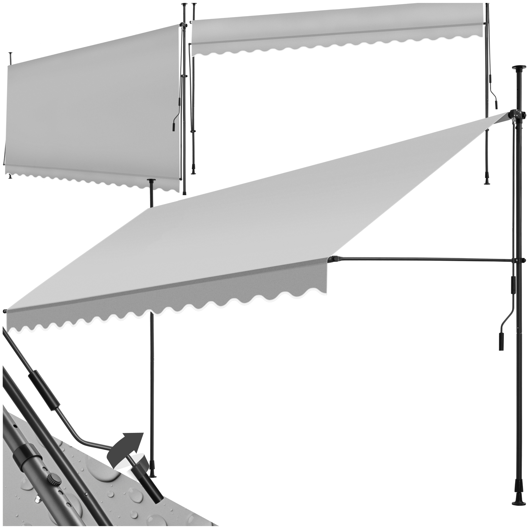 Awning with hand crank - pressure fitted , height adjustable - 400 x 180 cm, light grey | tectake