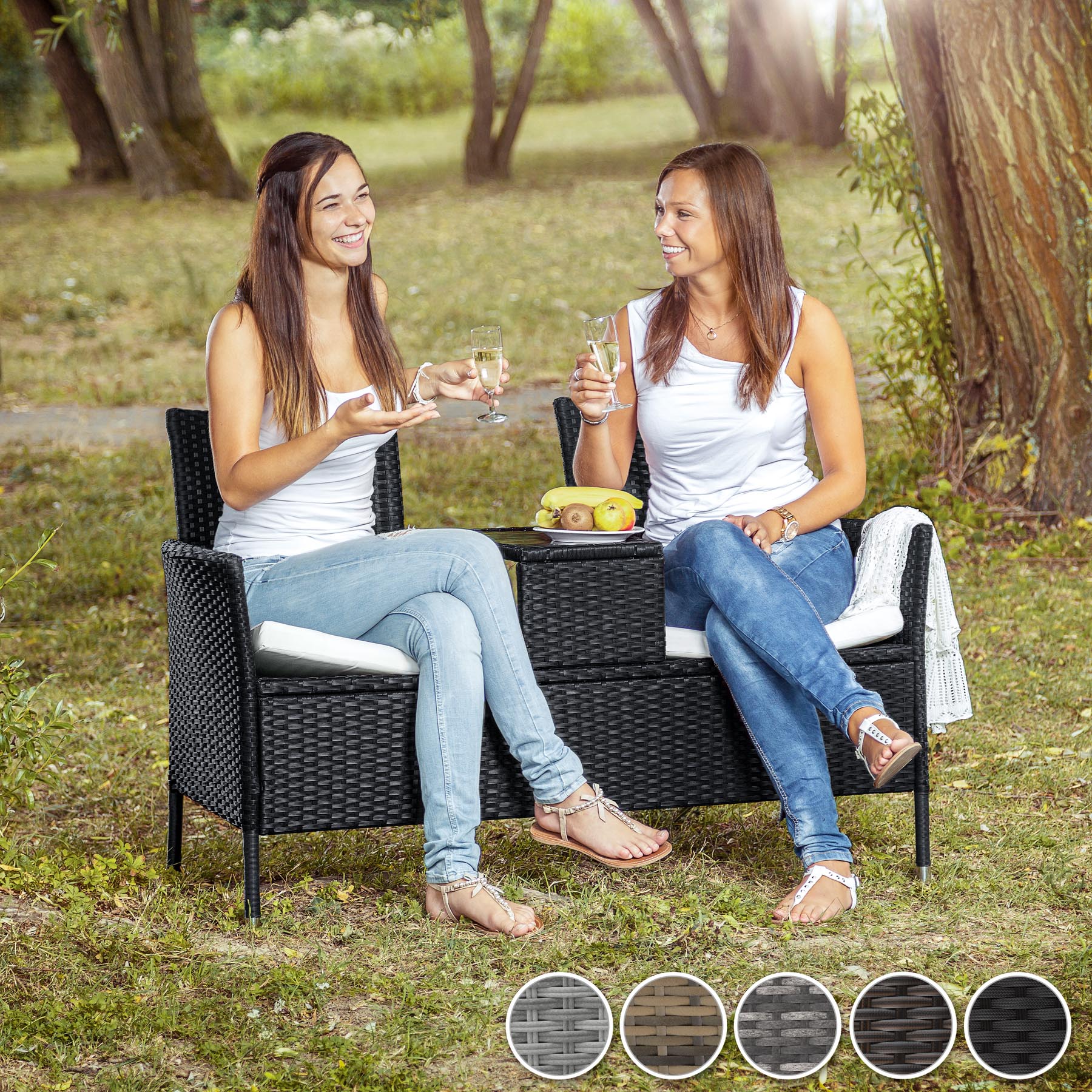 Poly Rattan Bench Glass Table Garden Furniture 2 Seats Wicker Patio Balcony New - Picture 15 of 81