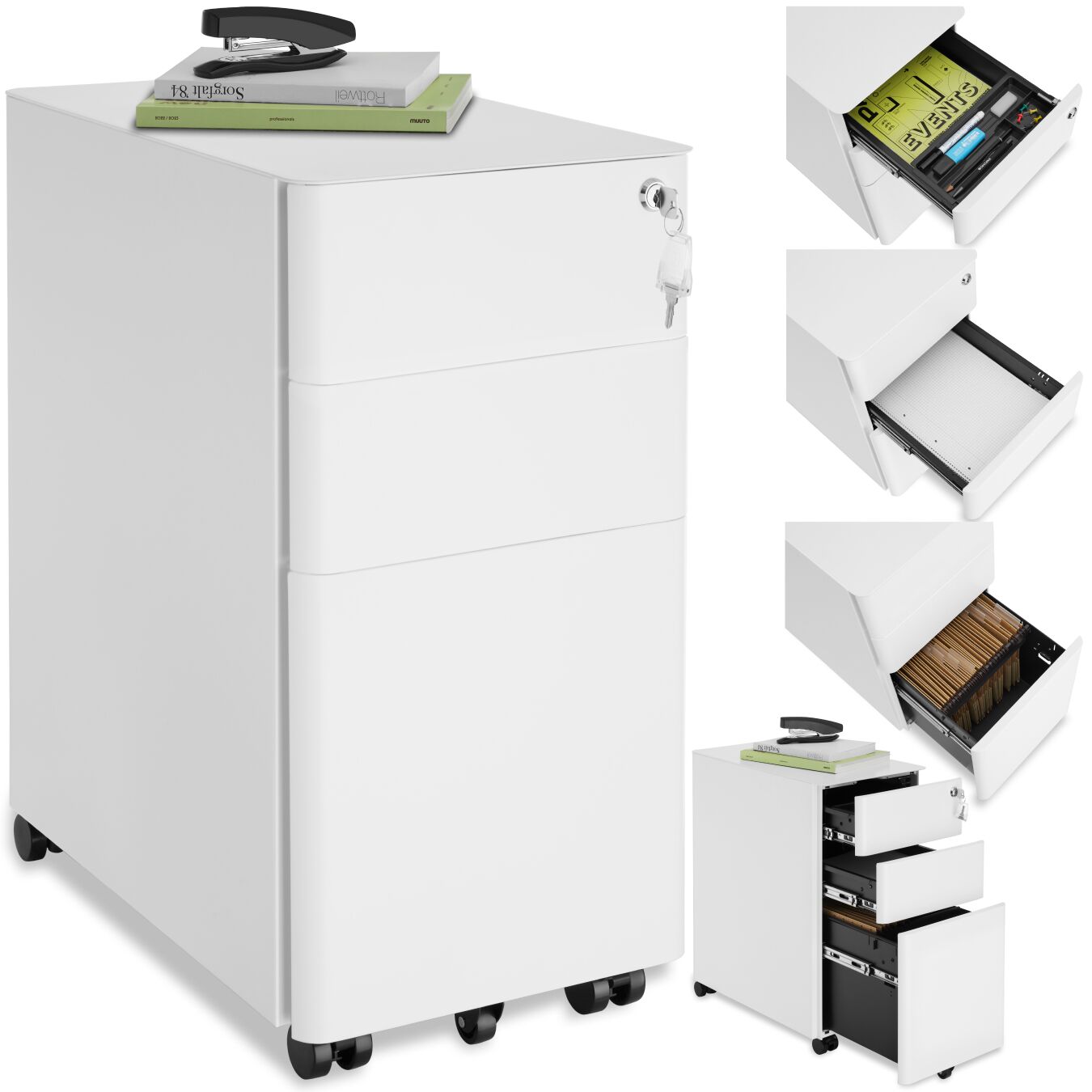 Cajonera con ruedas y cerradura Parvus, con 2 cajones y 1 archivador colgante - blanco | tectake