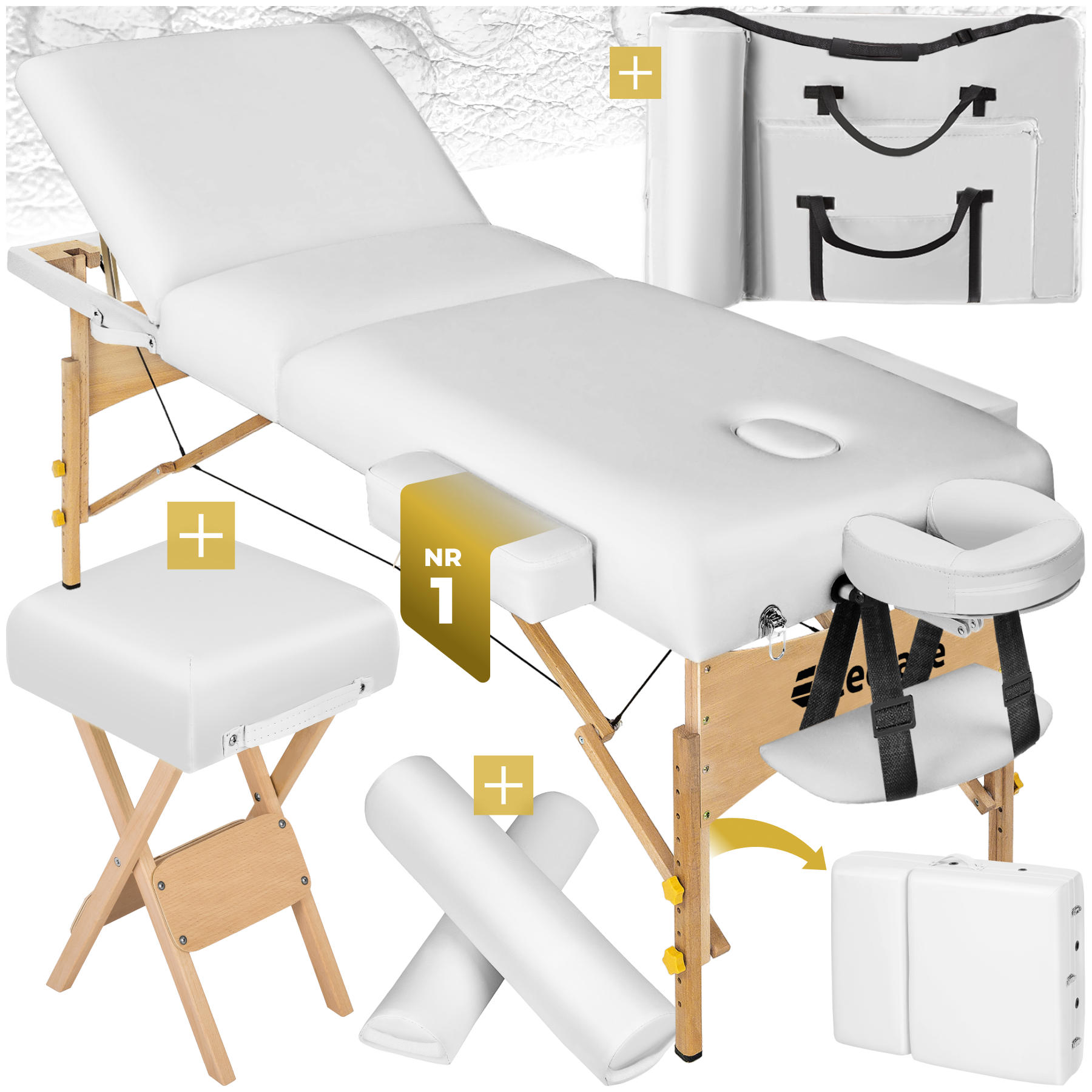3 Zonen Massageliege-Set mit 10cm Polsterung, Lagerungsrollen und Holzgestell - weiß