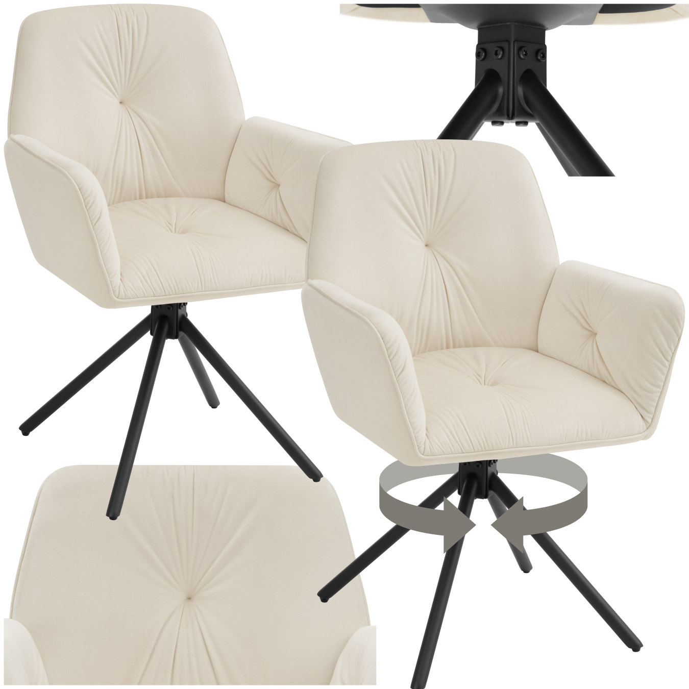 Swivel Chair Lenia - upholstered, padded, 56.5 x 54 x 86 cm - velvet cream/black, Set of 2