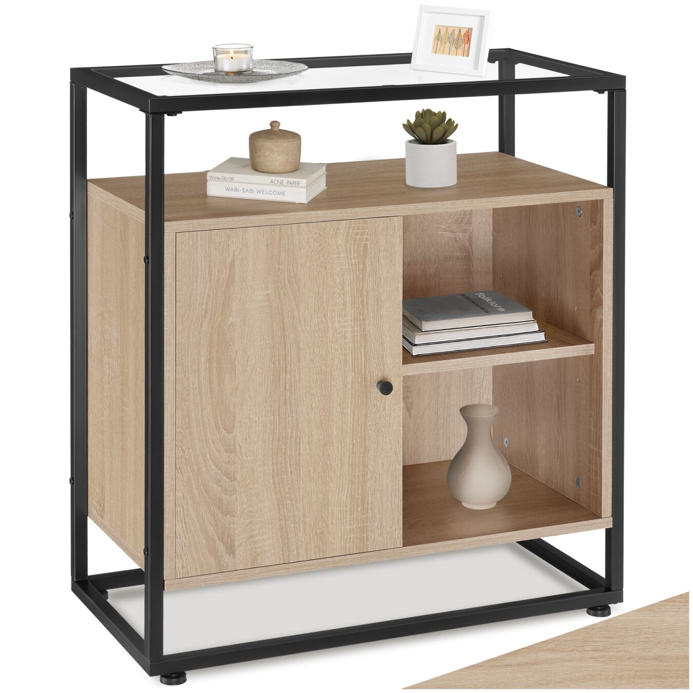 Kommode, Industrial Style, Holz und Stahl, Glasplatte offenes Fach Staufach mit Magnettür und 2 Einlegeböden - industrial light | tectake