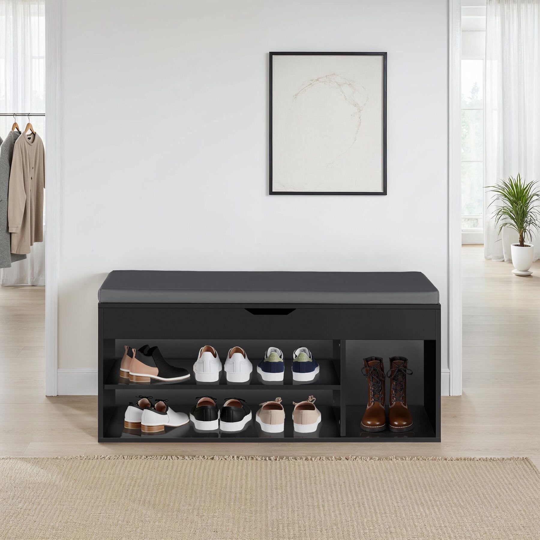 Schuhbank mit Sitzkissen Holz Schuhschrank Schuhregal Sitzfläche Klappfach 104cm - Bild 23 von 37