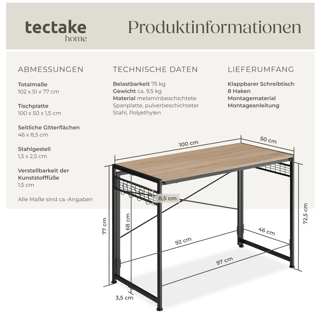 Schreibtisch Bürotisch Computertisch klappbar mit Haken Holz Metall Industrie