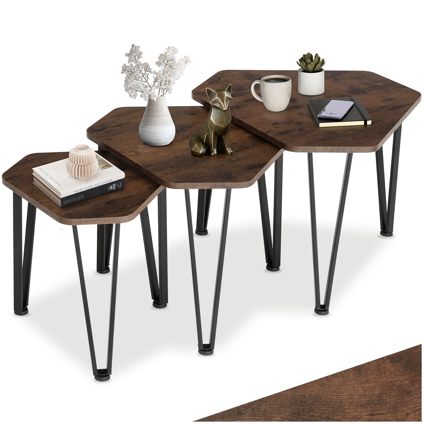 Coffee Table Torquay - 3 nesting tables, industrial style - Industrial wood dark, rustic
