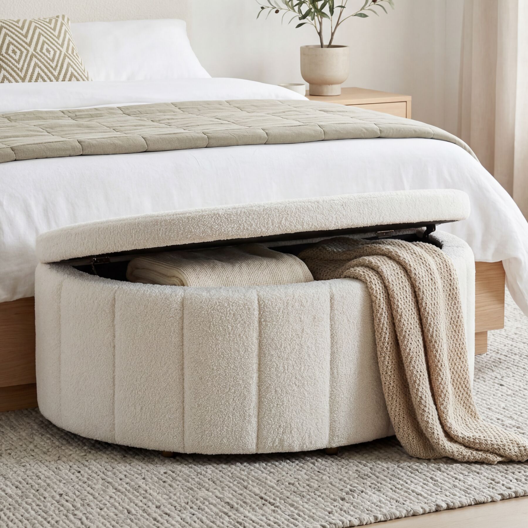 Banquette rembourrée Moon avec grand espace de rangement, capacité de charge de 150 kg - Bouclé crème | tectake