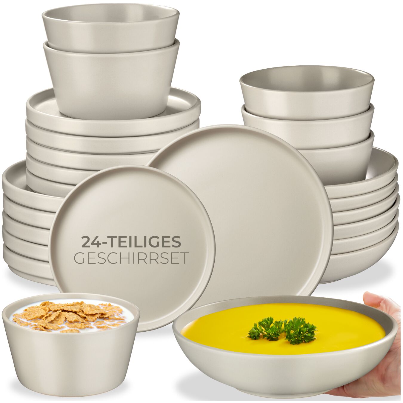 Geschirrset Una, aus Steingut, für 6 Personen - 24-tlg., taupe