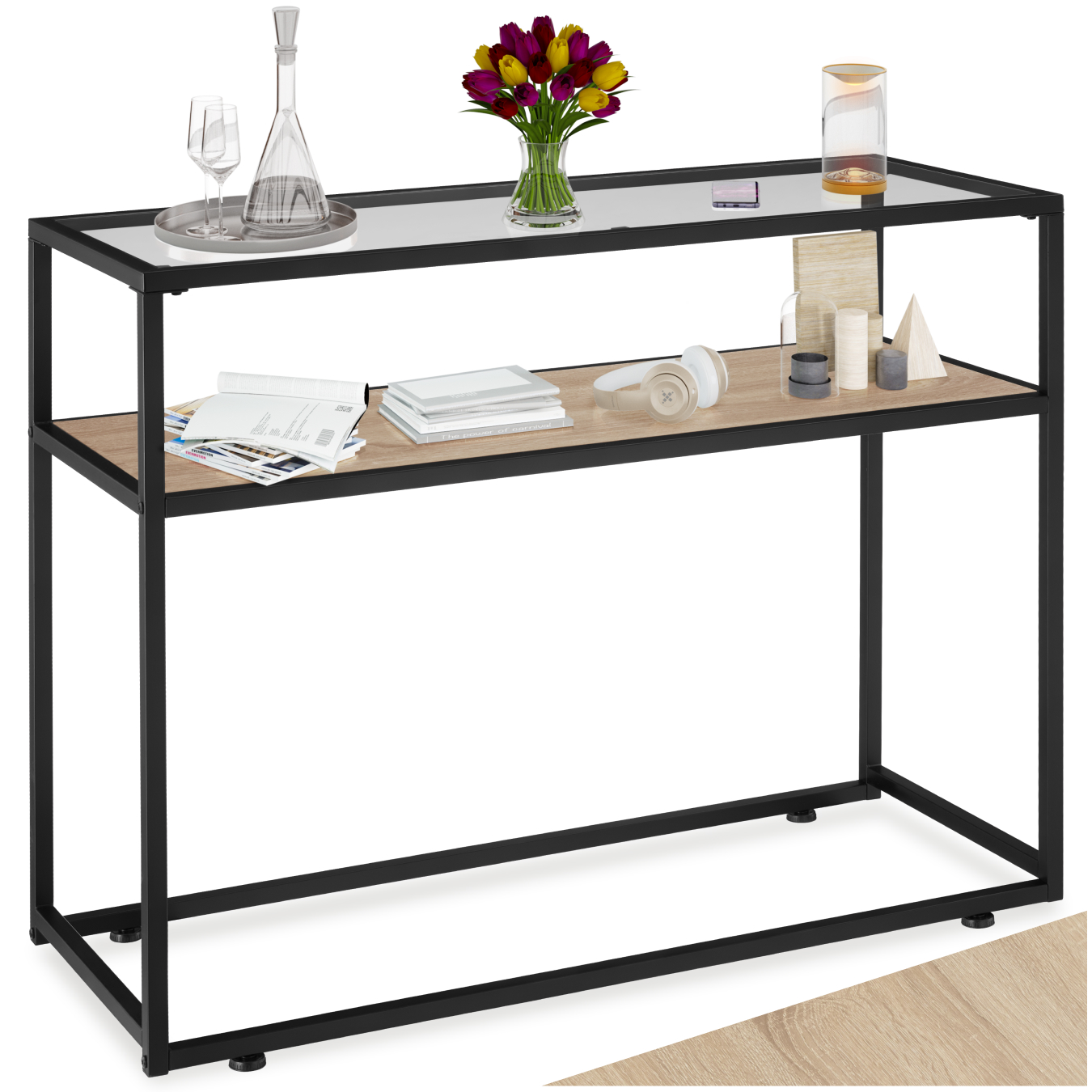 Tavolo console vetro corridoio tavolino appoggio 2 ripiani legno metallo - Foto 14 di 25