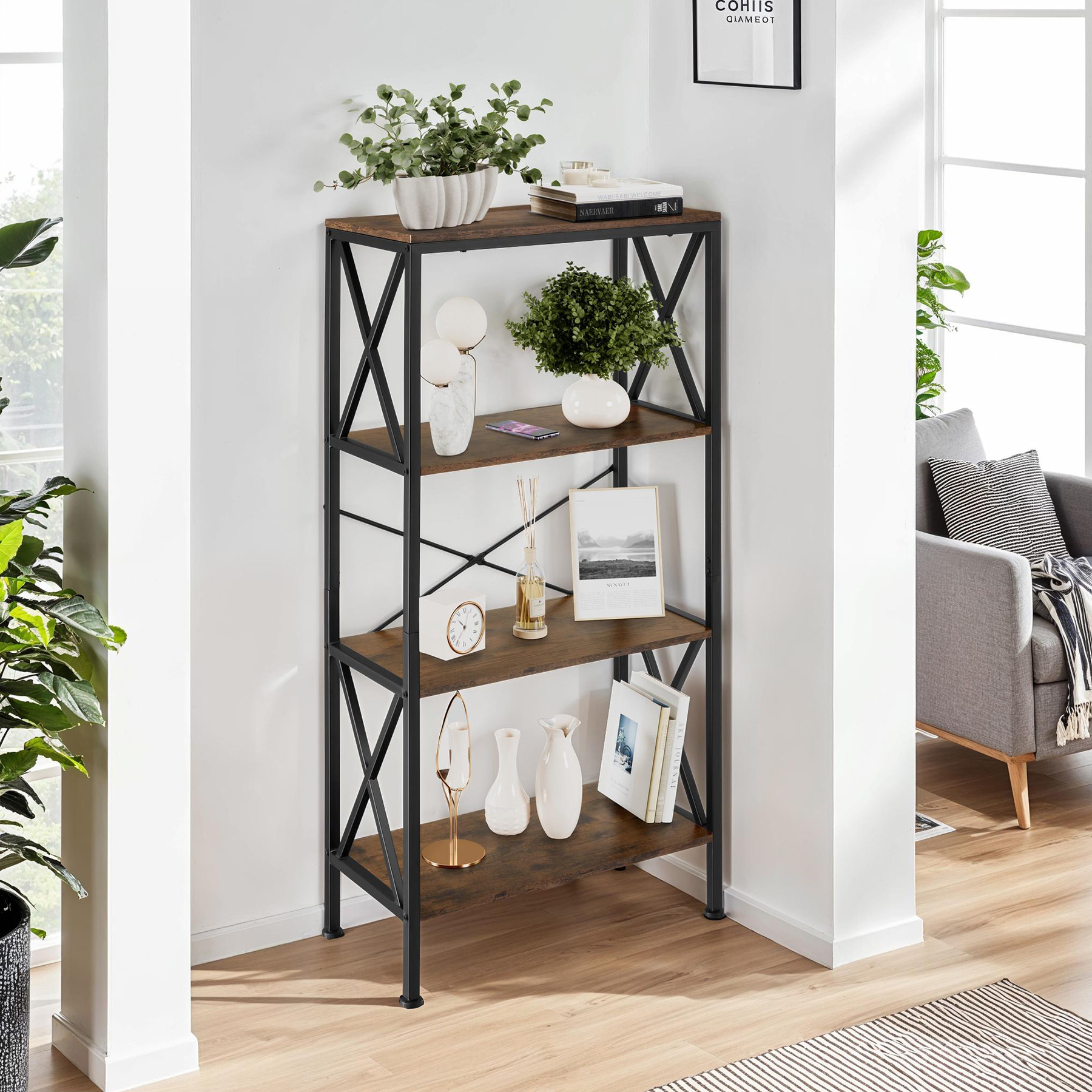 Scaffali alti libreria 4 ripiani scaffali cucina legno metallo stile industrial - Foto 11 di 25