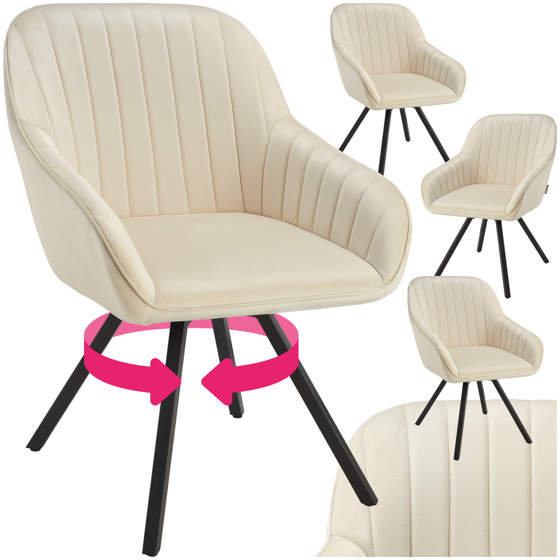 Cadeira de braços giratória Snug aspeto de veludo, almofadada - creme, Conjunto de 4 | tectake